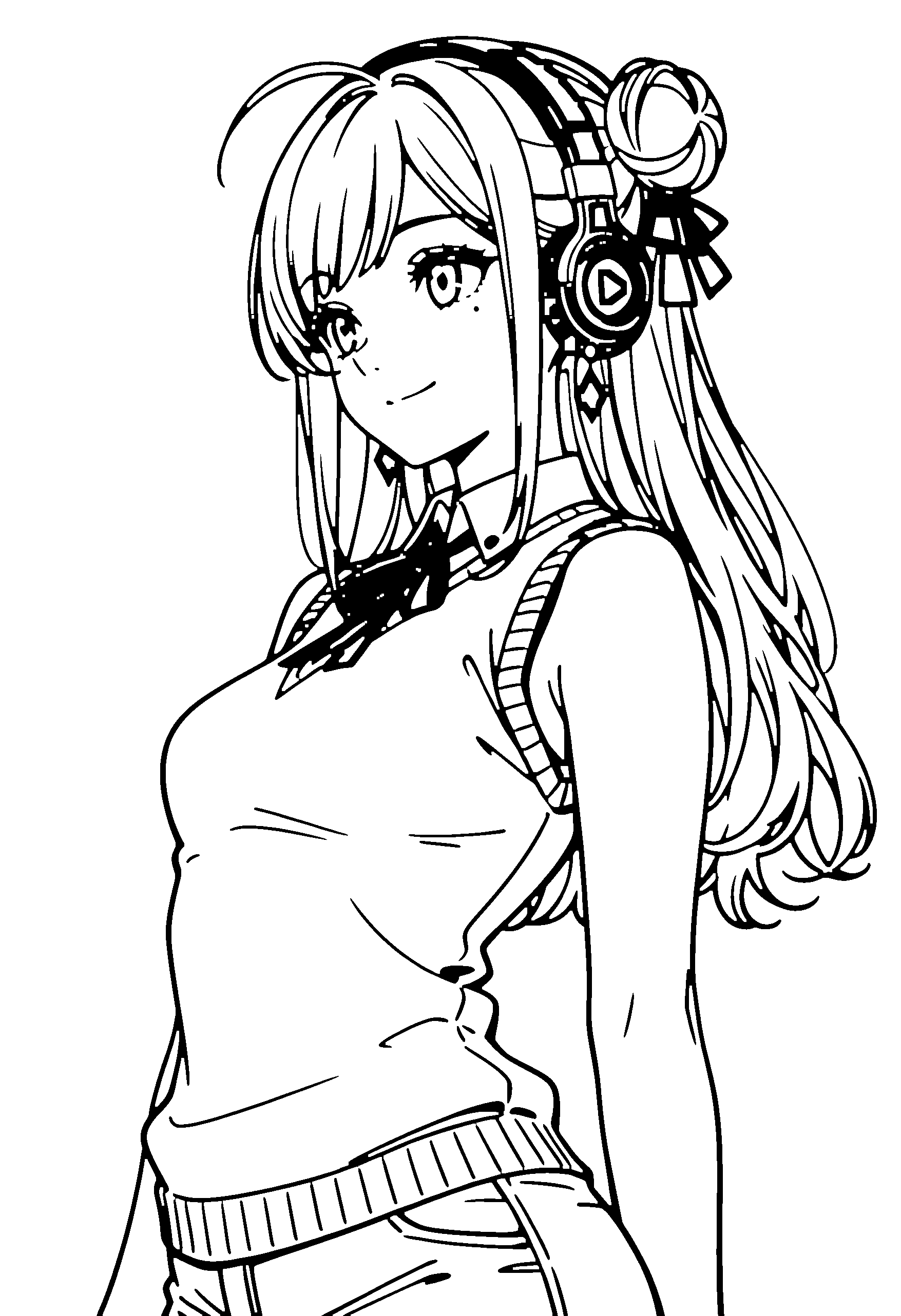 Black and white line art coloring page of an anime girl with long hair, hair bun, sweater vest, headphones, ribbon and smiling