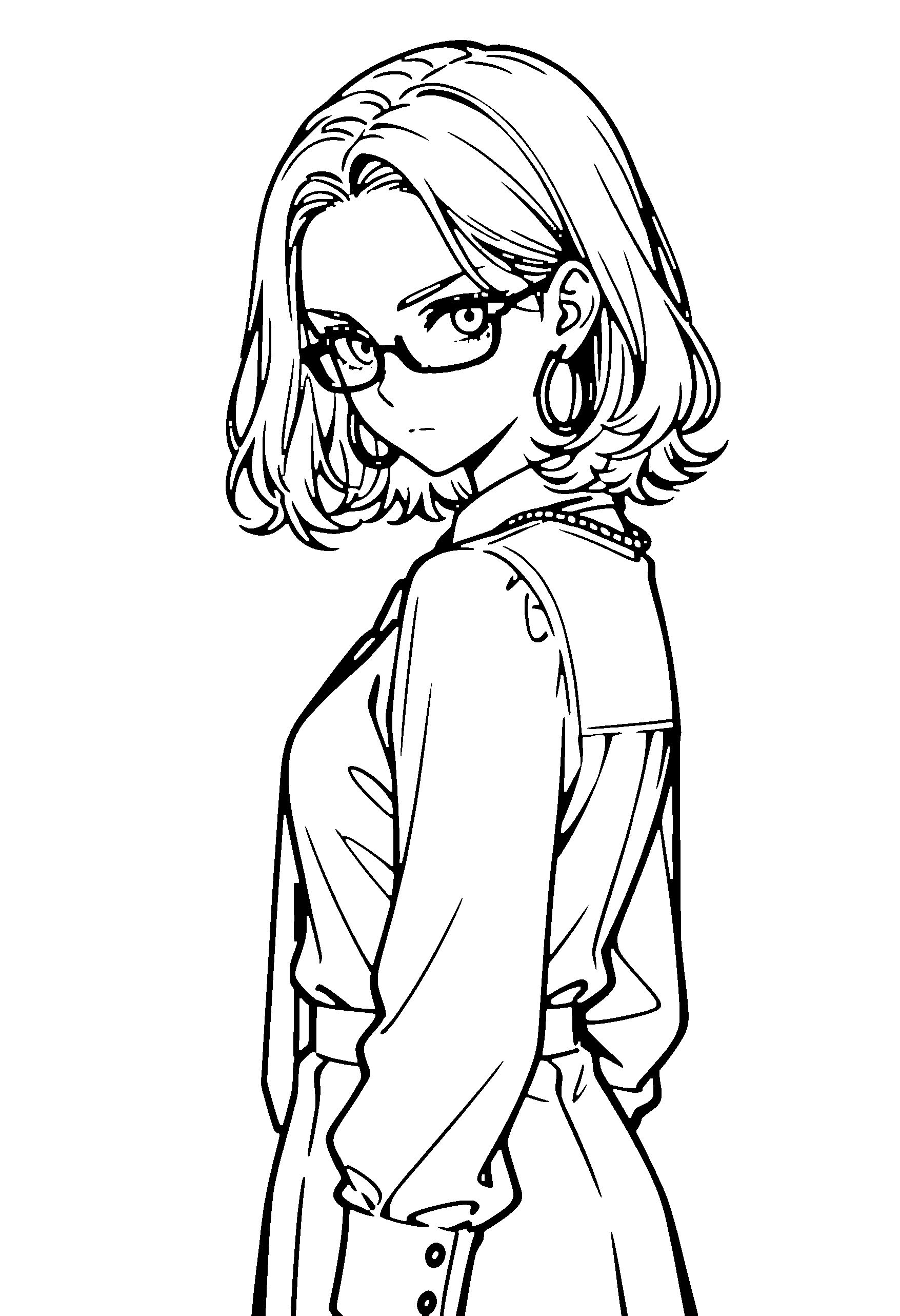 Black and white line art coloring page of an anime girl with medium hair, shirt, glasses, necklace and serious