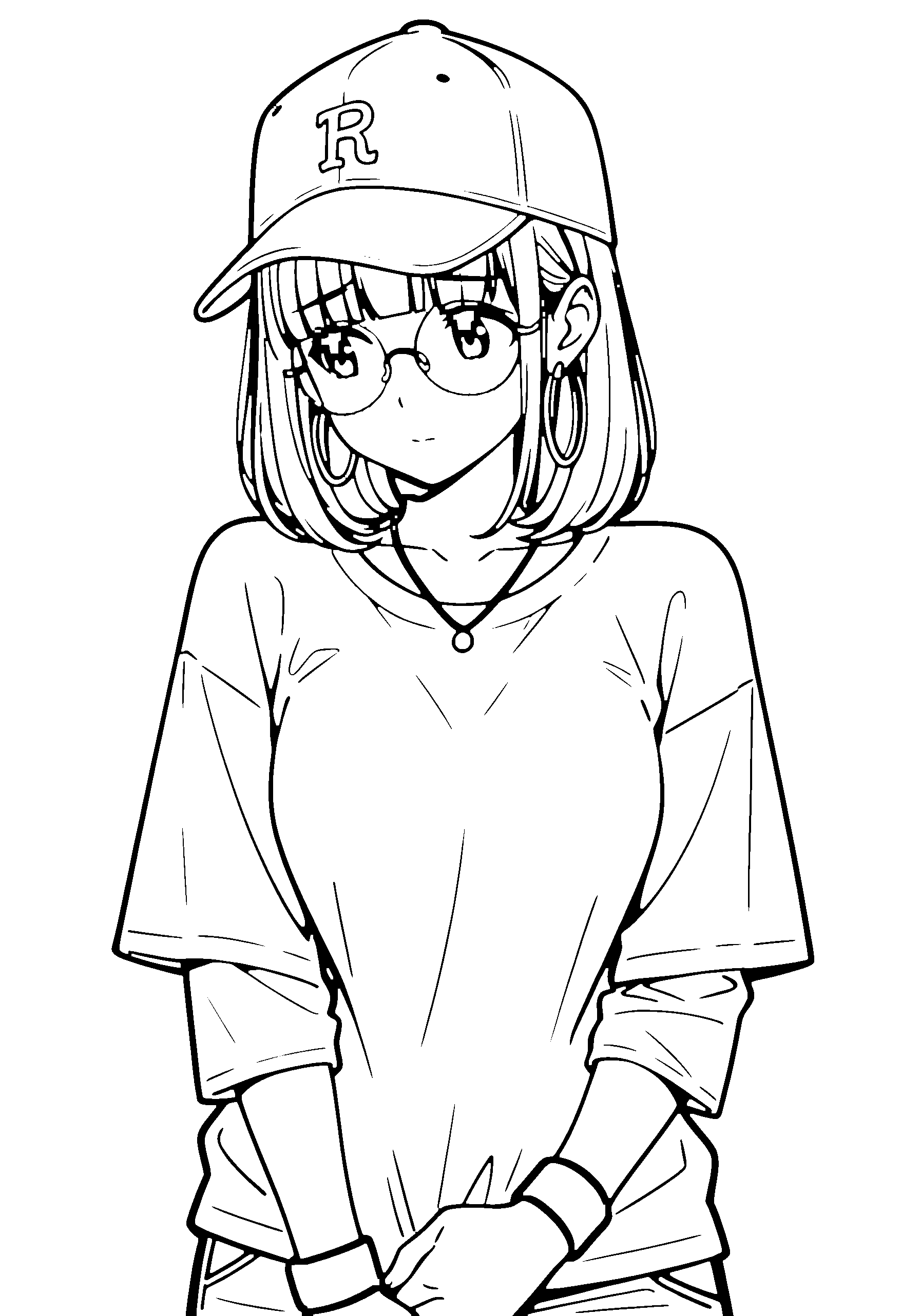 Black and white line art coloring page of an anime girl with medium hair, t-shirt, cap, glasses, necklace and shy