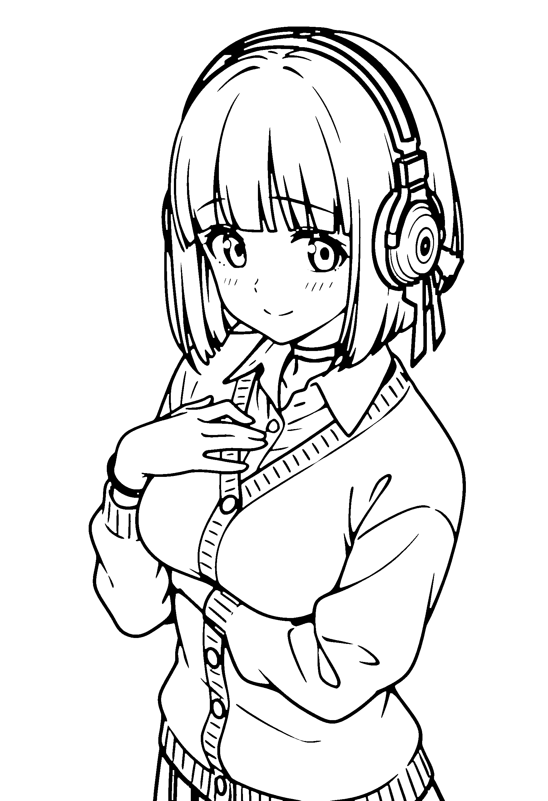 Black and white line art coloring page of an anime girl with bob cut, collared shirt, headphones, choker and shy
