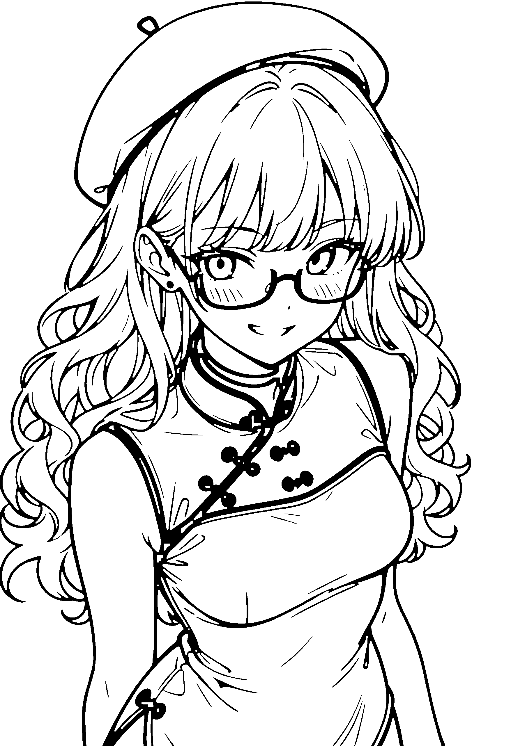 Black and white line art coloring page of an anime girl with long hair, wavy hair, chinese dress, beret, glasses, choker and grinning