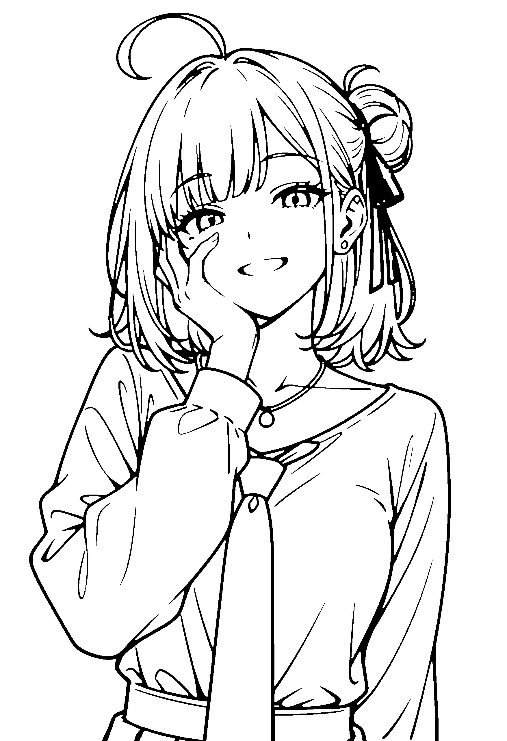 Black and white line art coloring page of an anime girl with medium hair, hair bun, shirt, necklace and grinning