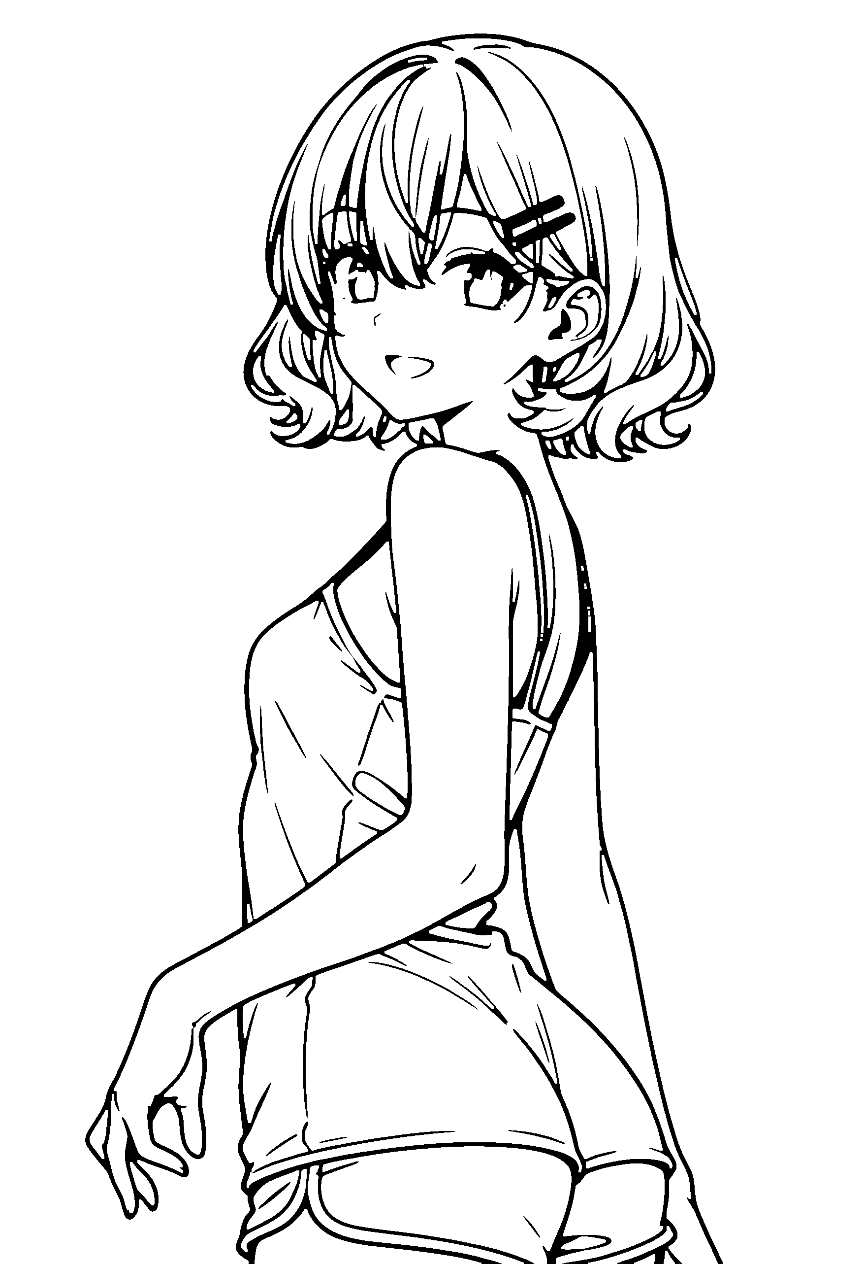 Black and white line art coloring page of an anime girl with bob cut, wavy hair, camisole and smiling