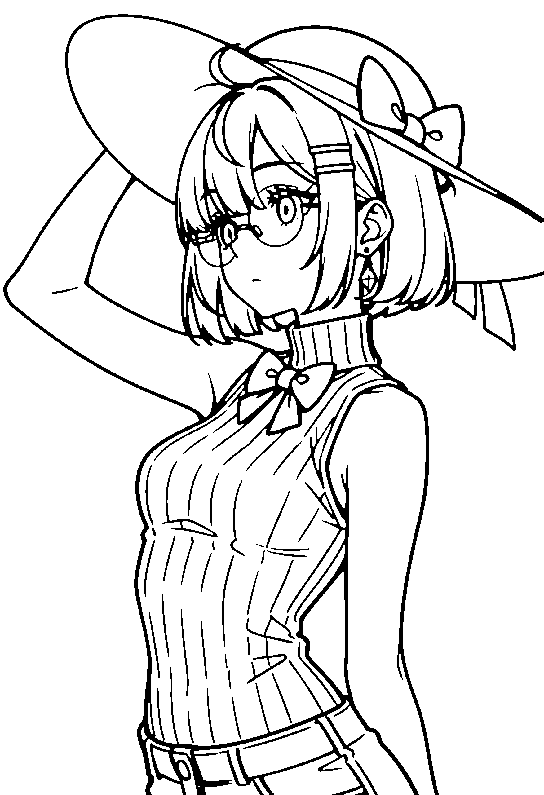 Black and white line art coloring page of an anime girl with bob cut, turtleneck, sun hat, glasses, bow tie and surprised