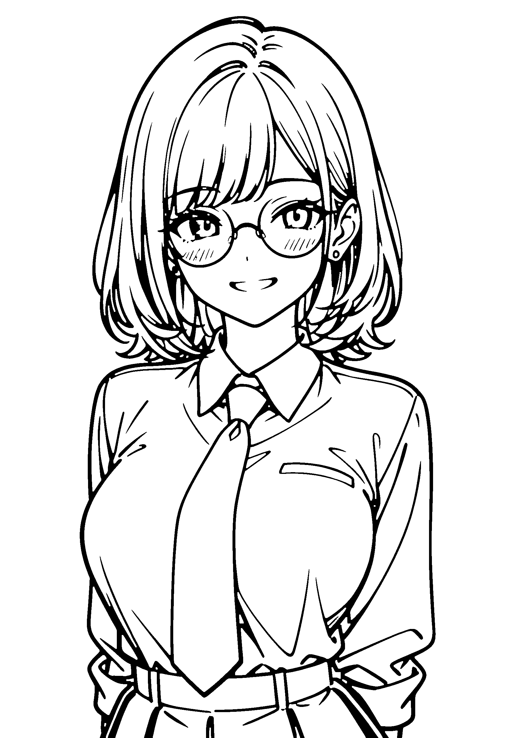 Black and white line art coloring page of an anime girl with medium hair, shirt, glasses and grinning