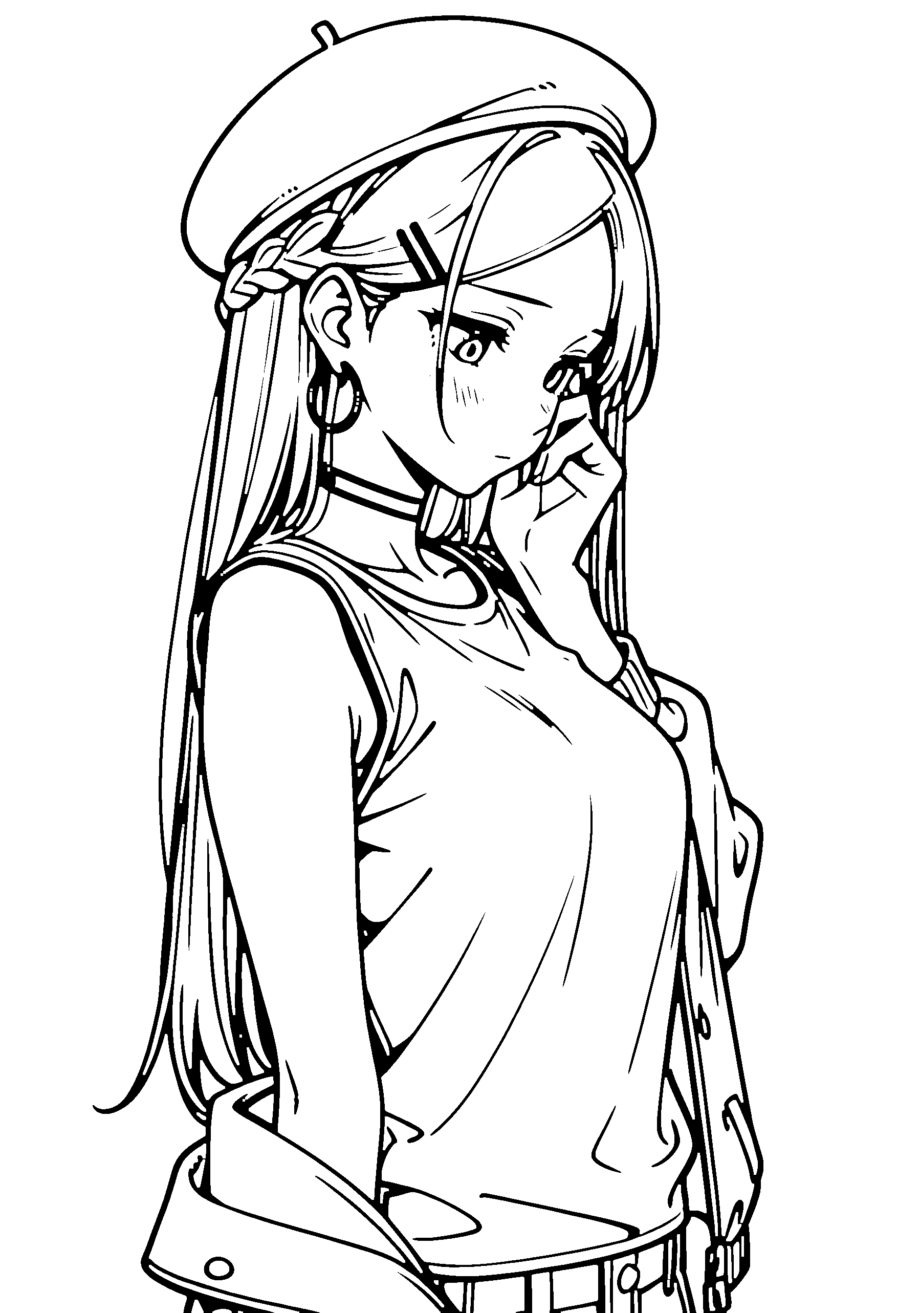 Black and white line art coloring page of an anime girl with long hair, braid, jacket, beret, choker and shy