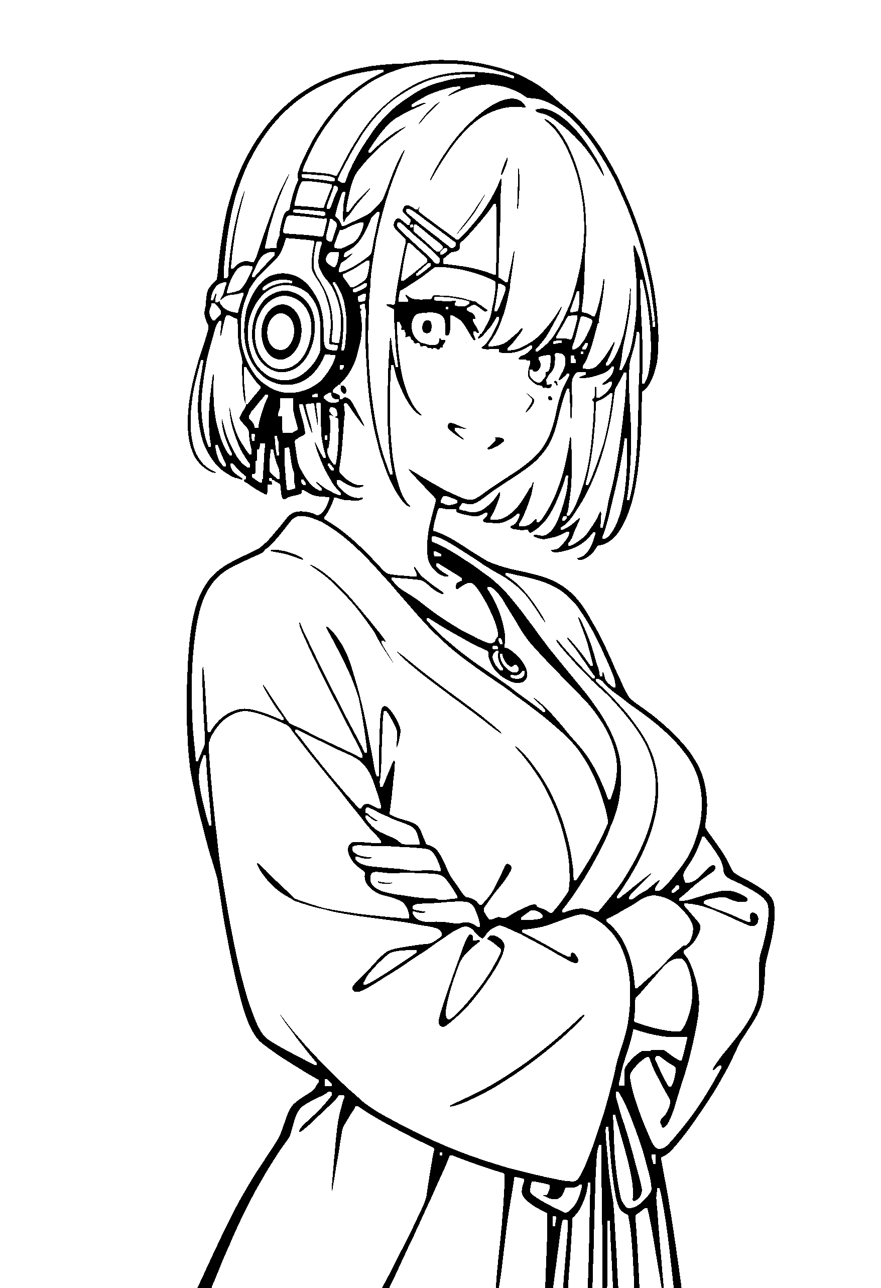 Black and white line art coloring page of an anime girl with bob cut, braid, robe, headphones, necklace and grinning