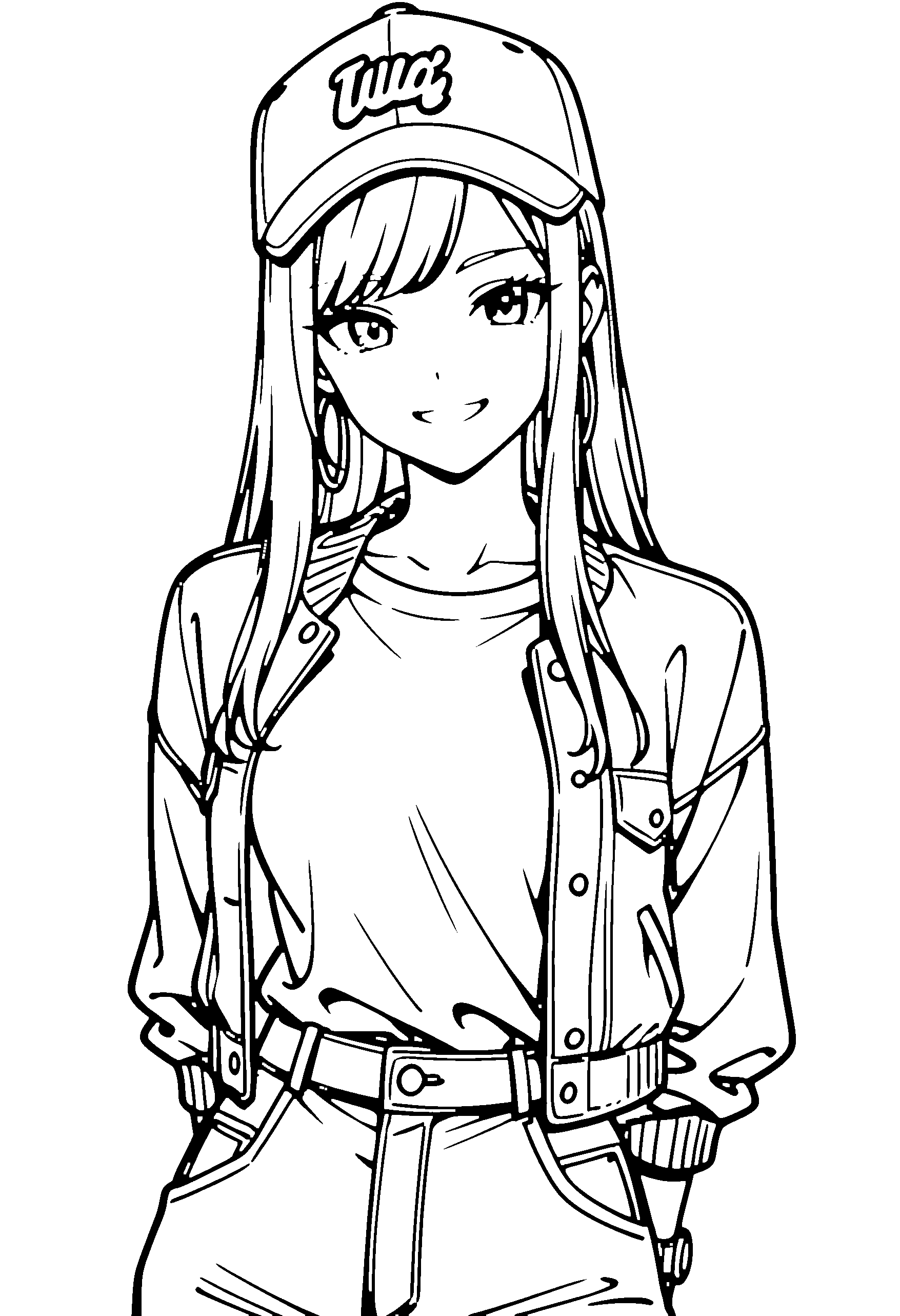 Black and white line art coloring page of an anime girl with long hair, shirt, cap and grinning