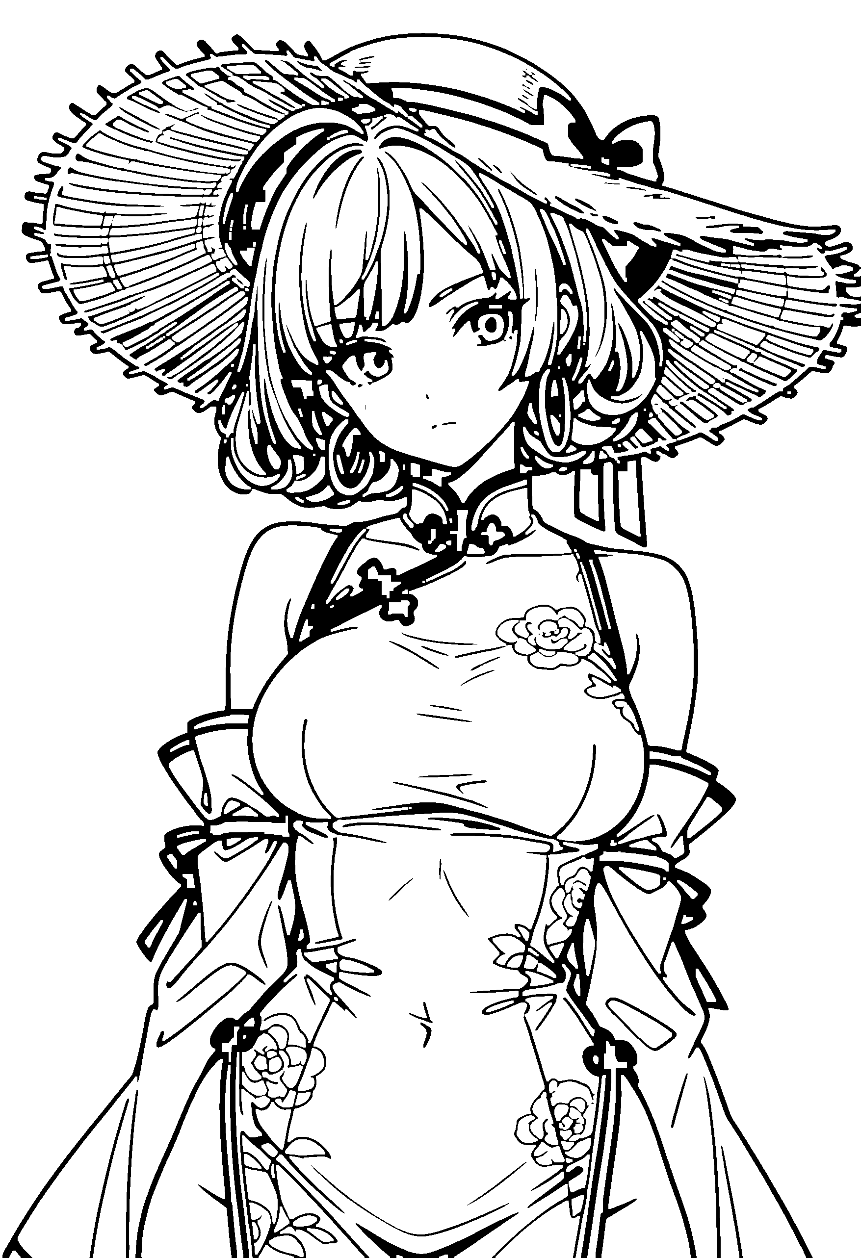 Black and white line art coloring page of an anime girl with bob cut, curly hair, chinese dress, sun hat and serious