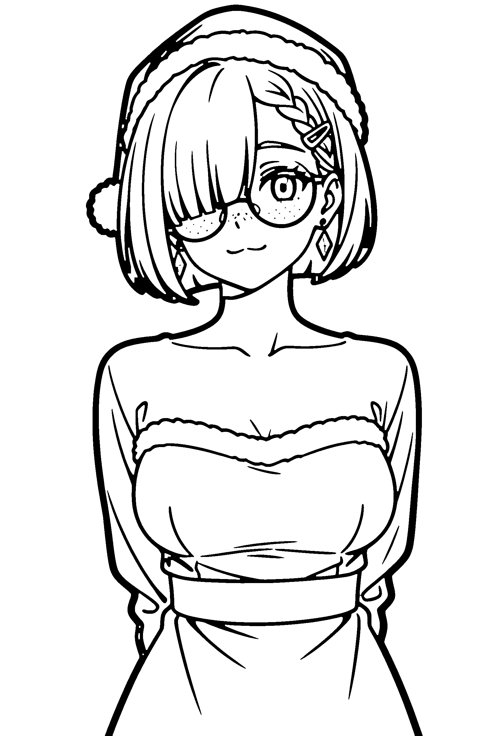 Black and white line art coloring page of an anime girl with santa costume, bob cut, braid, glasses and smiling