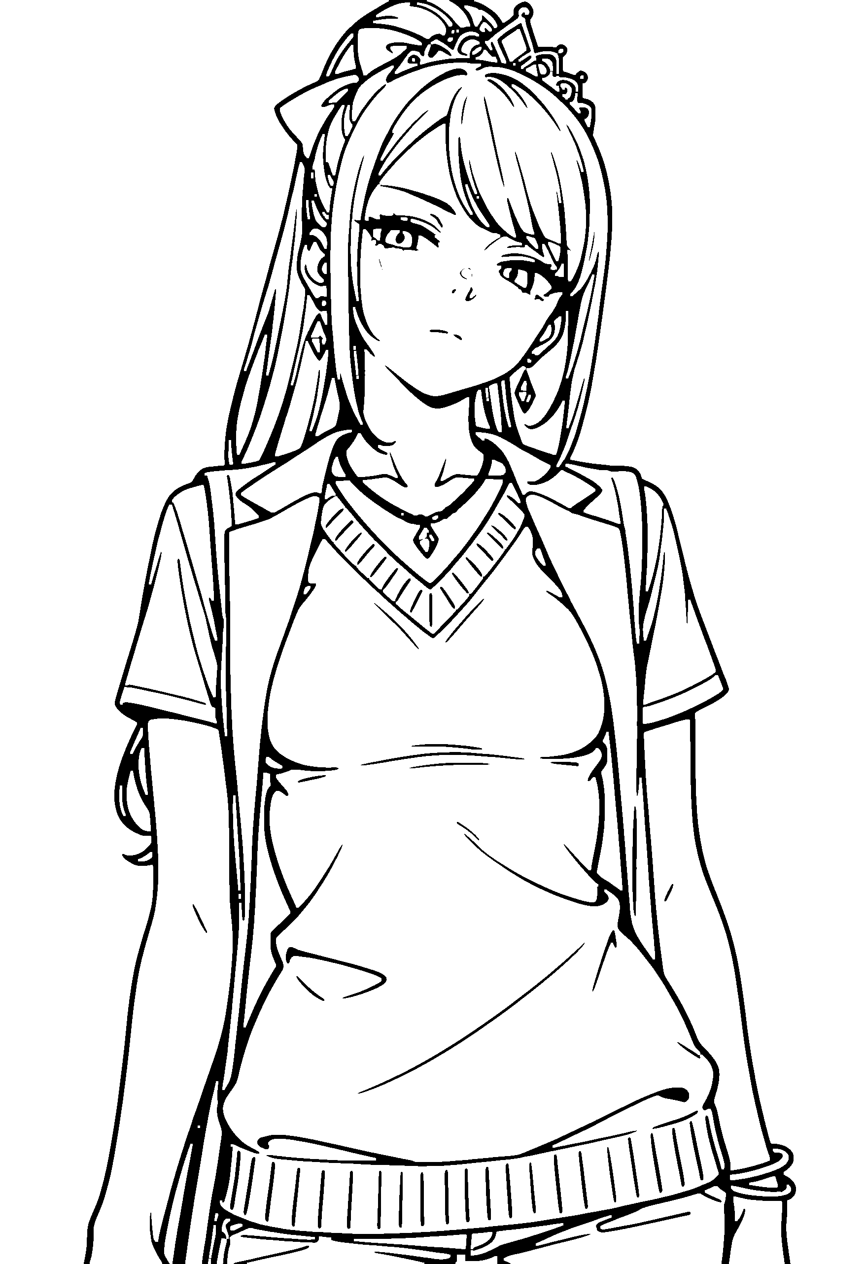 Black and white line art coloring page of an anime girl with long hair, ponytail, coat, tiara, necklace and serious