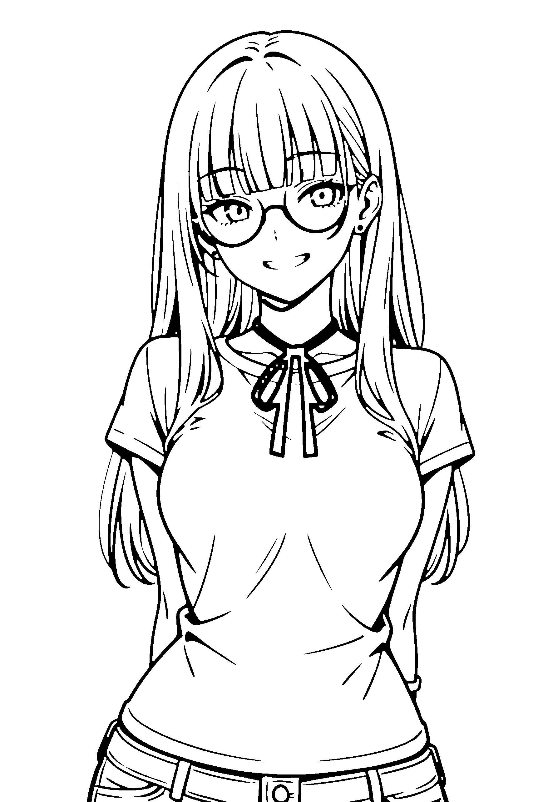 Black and white line art coloring page of an anime girl with long hair, t-shirt, glasses, ribbon and grinning