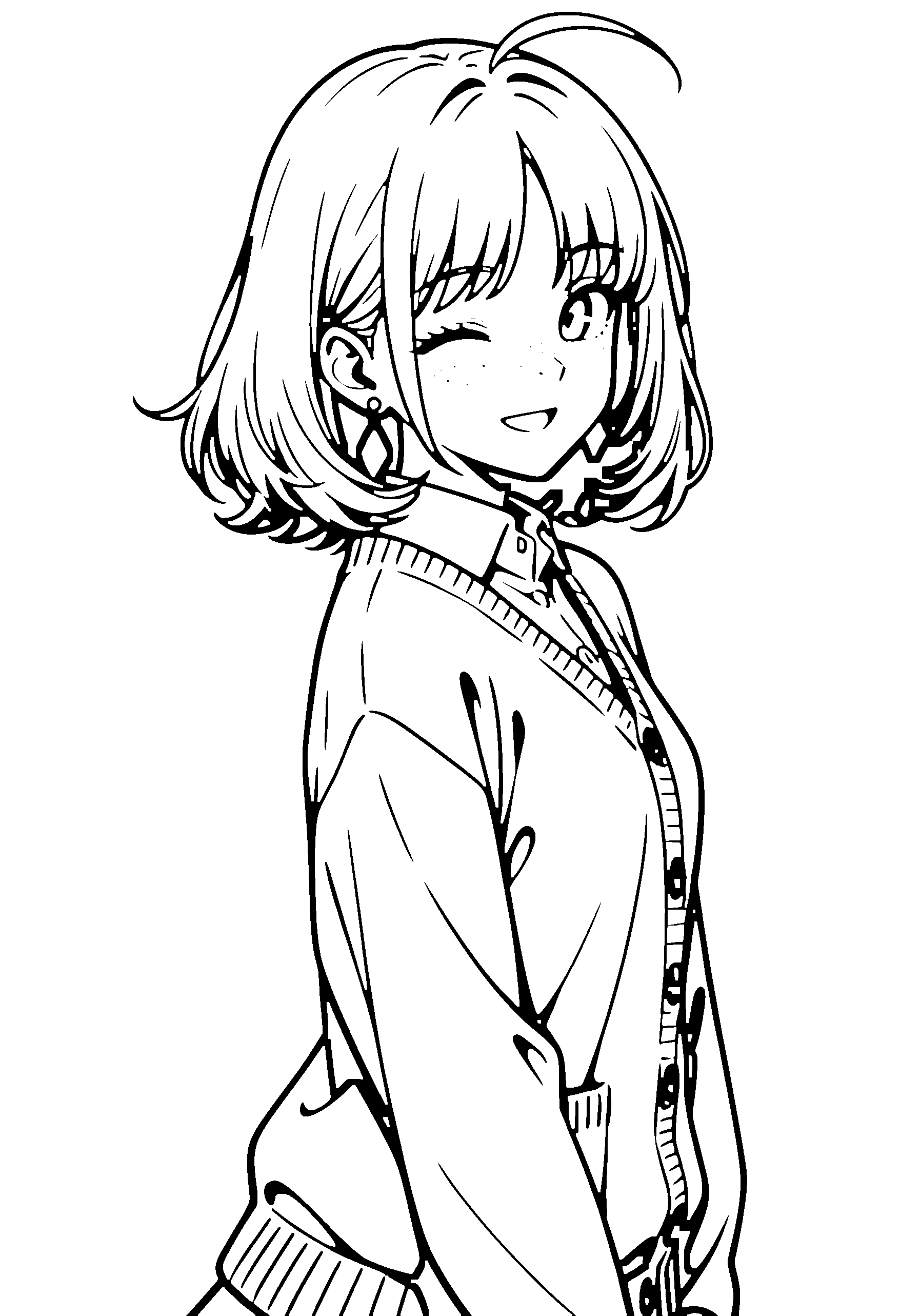 Black and white line art coloring page of an anime girl with medium hair, collared shirt and smiling