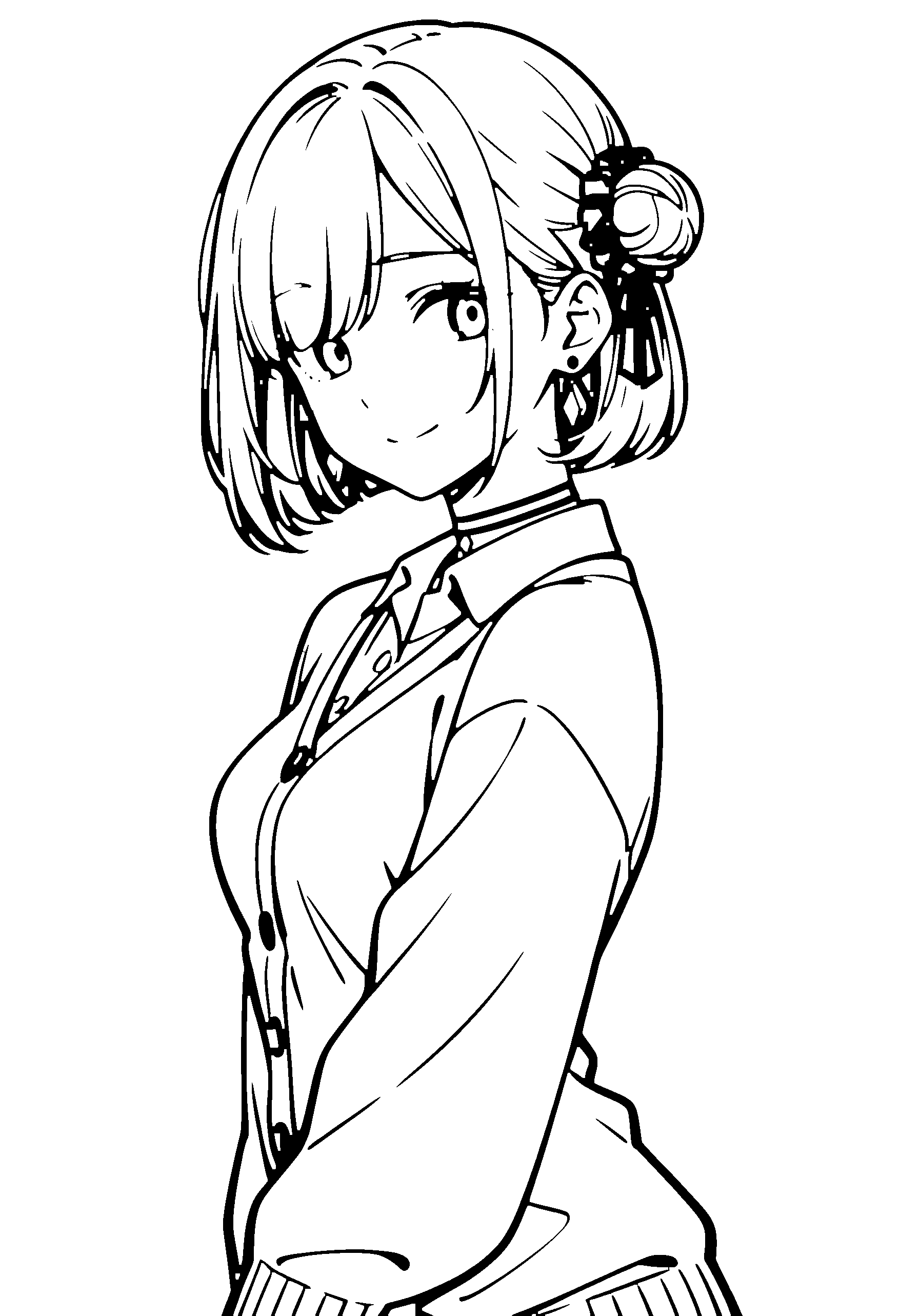 Black and white line art coloring page of an anime girl with bob cut, hair bun, collared shirt, choker and shy