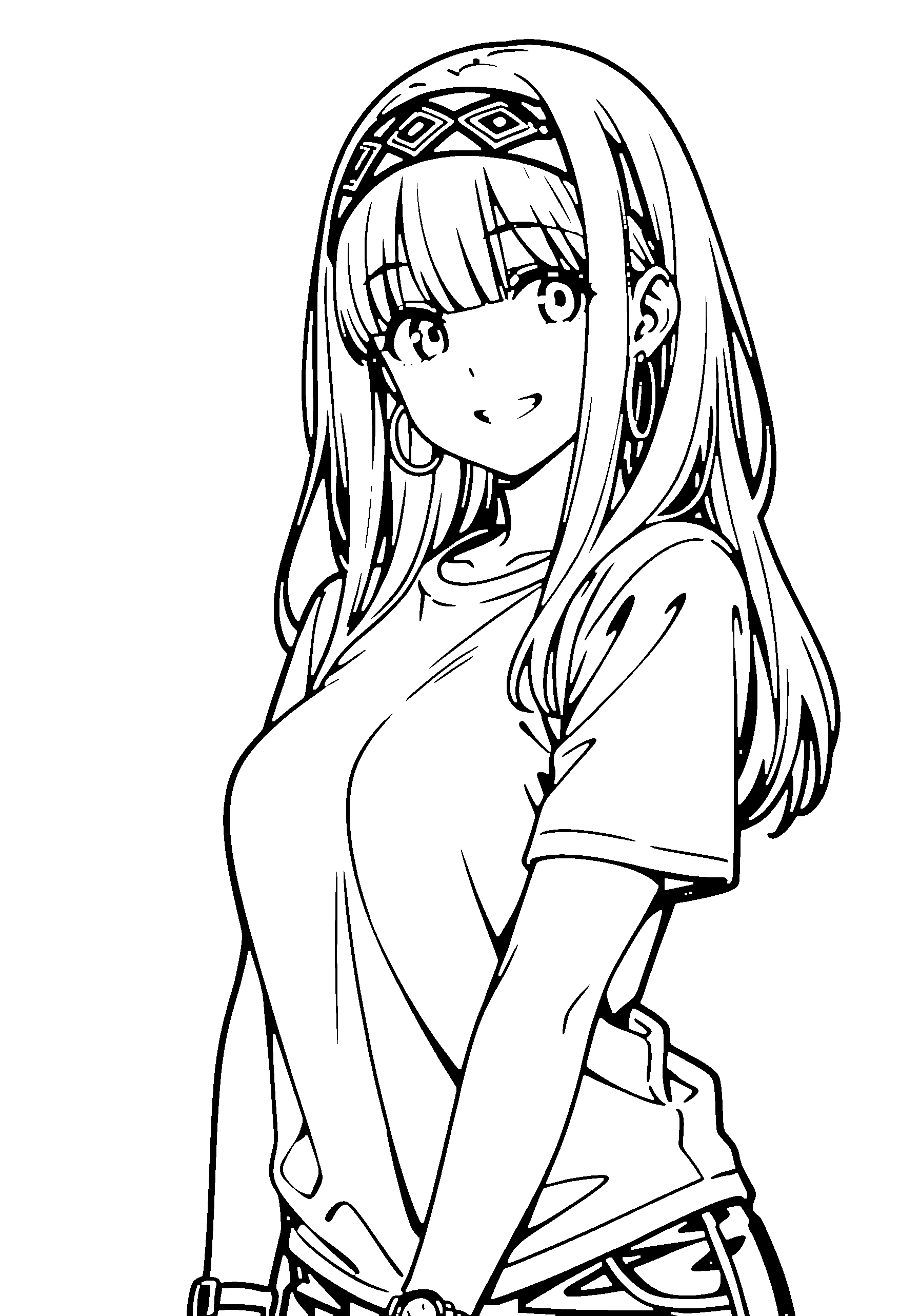 Black and white line art coloring page of an anime girl with long hair, t-shirt, headband and grinning