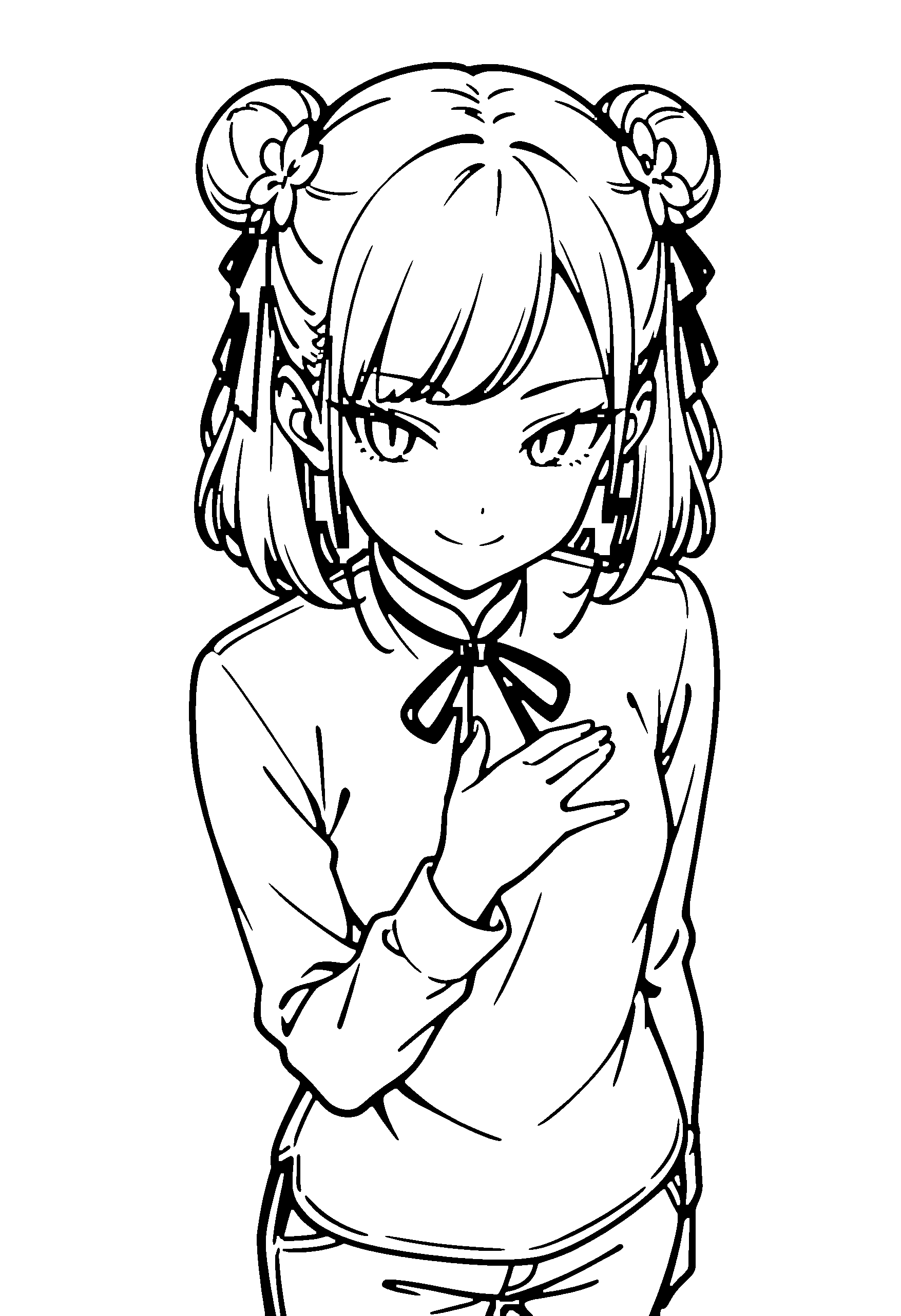 Black and white line art coloring page of an anime girl with medium hair, hair bun, shirt, hair flower, ribbon and smiling