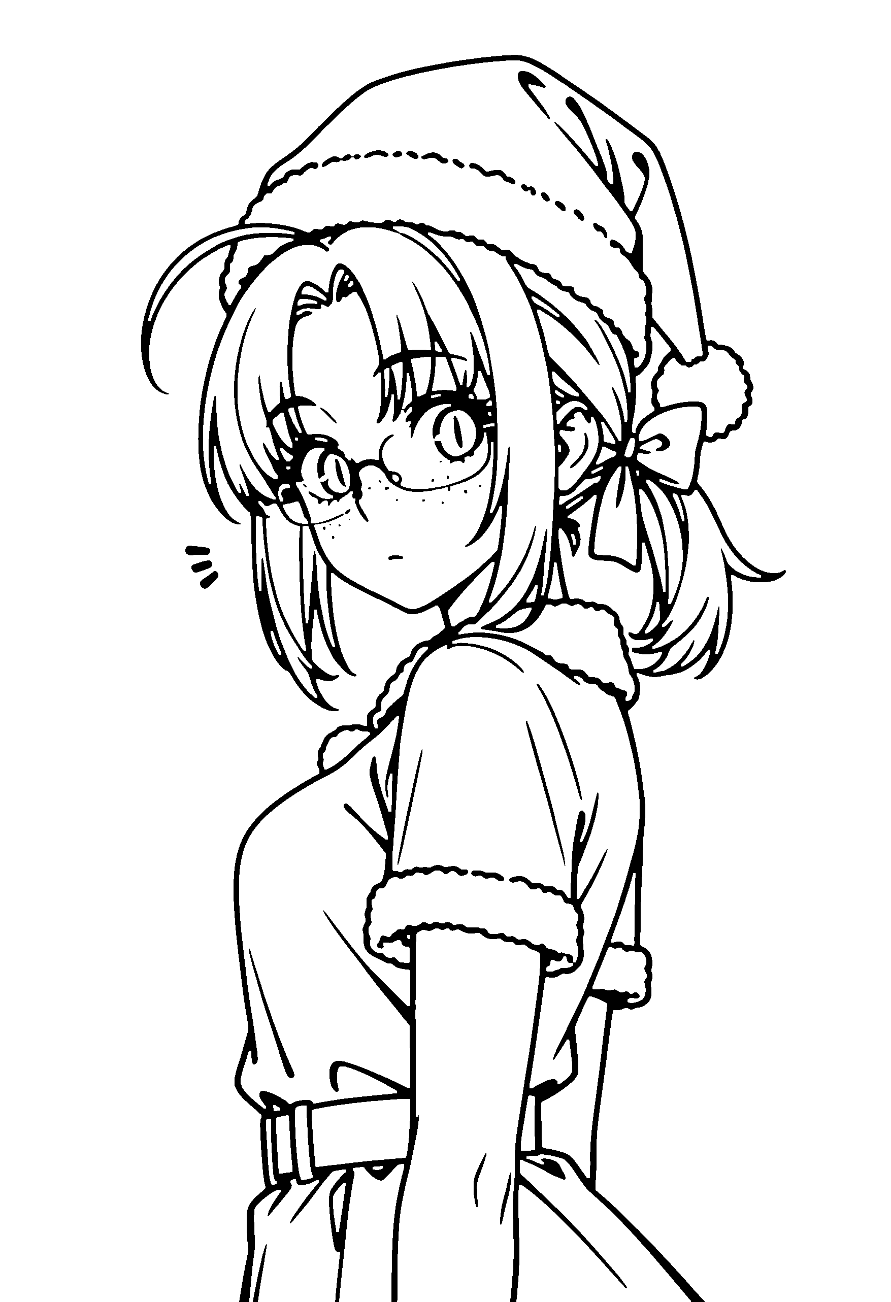 Black and white line art coloring page of an anime girl with santa costume, medium hair, ponytail, glasses and surprised