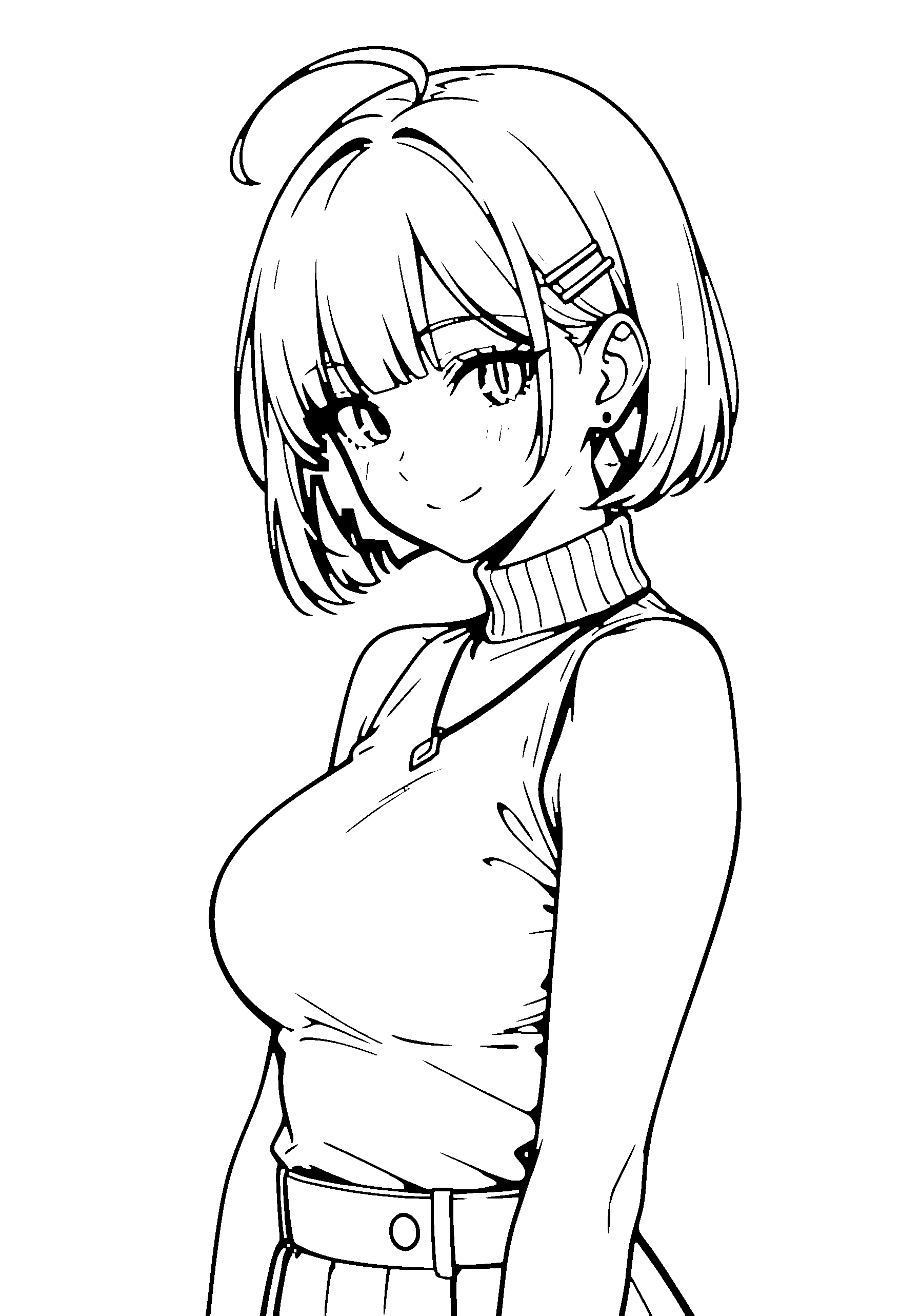Black and white line art coloring page of an anime girl with bob cut, turtleneck, necklace and smiling