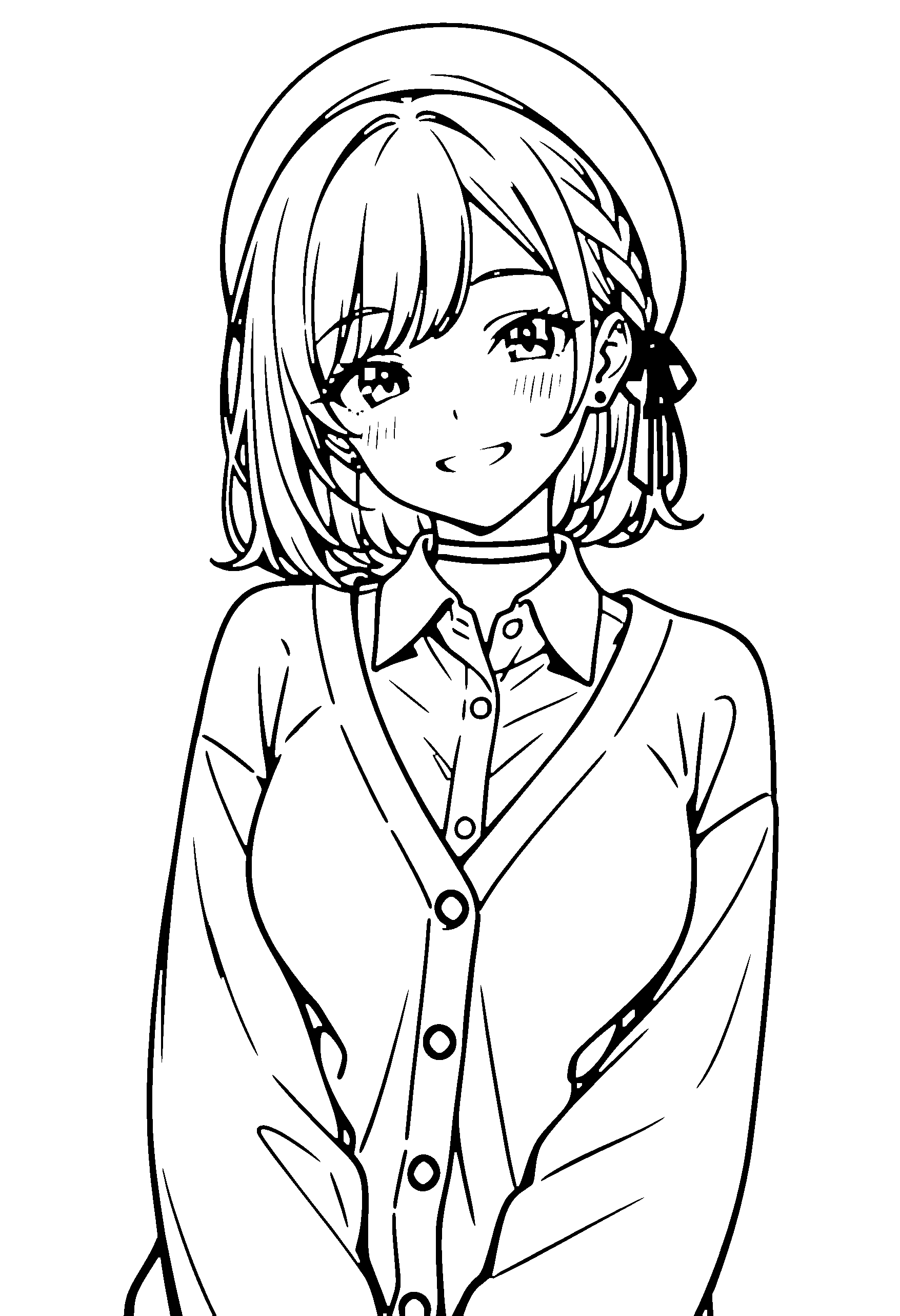 Black and white line art coloring page of an anime girl with medium hair, braid, collared shirt, beret, choker and grinning