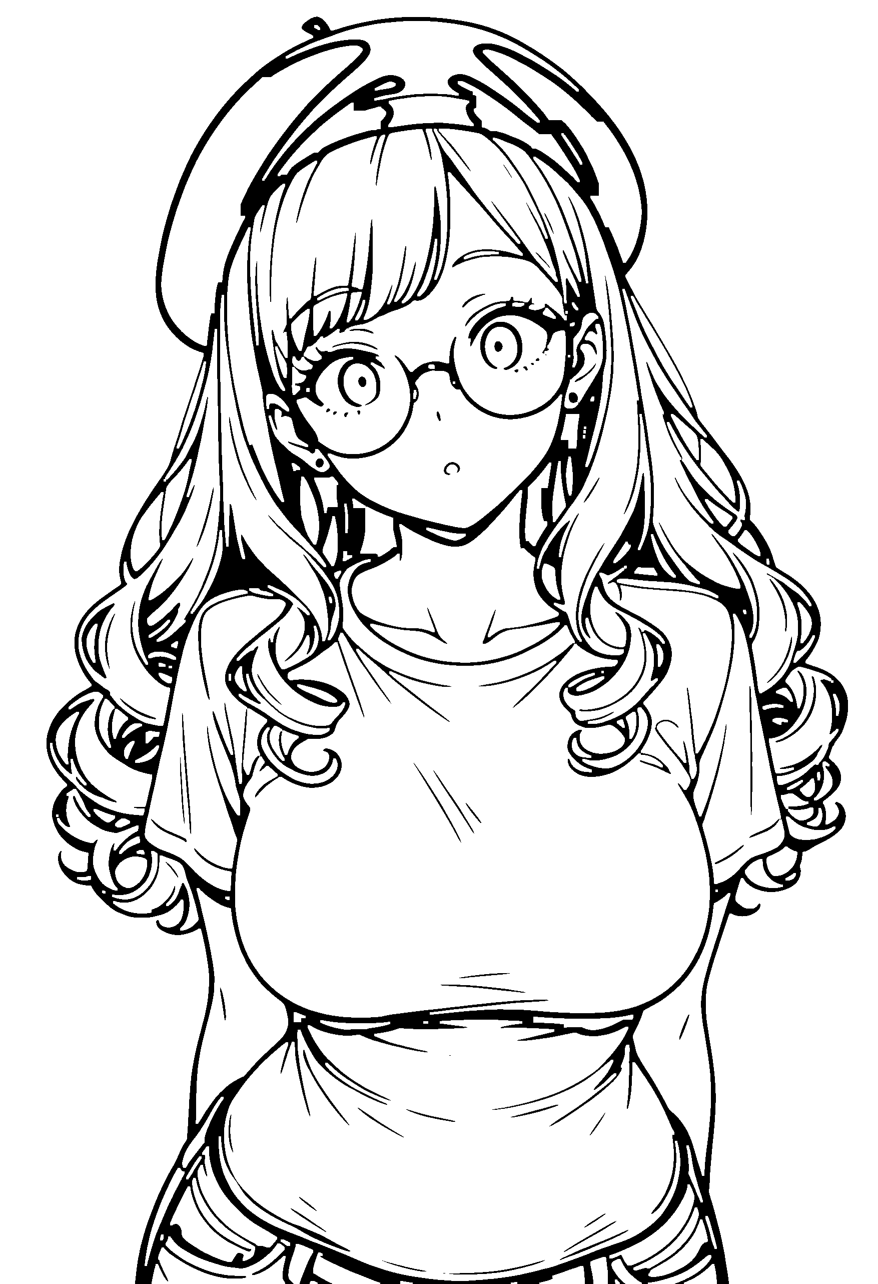 Black and white line art coloring page of an anime girl with long hair, curly hair, t-shirt, beret, glasses and surprised