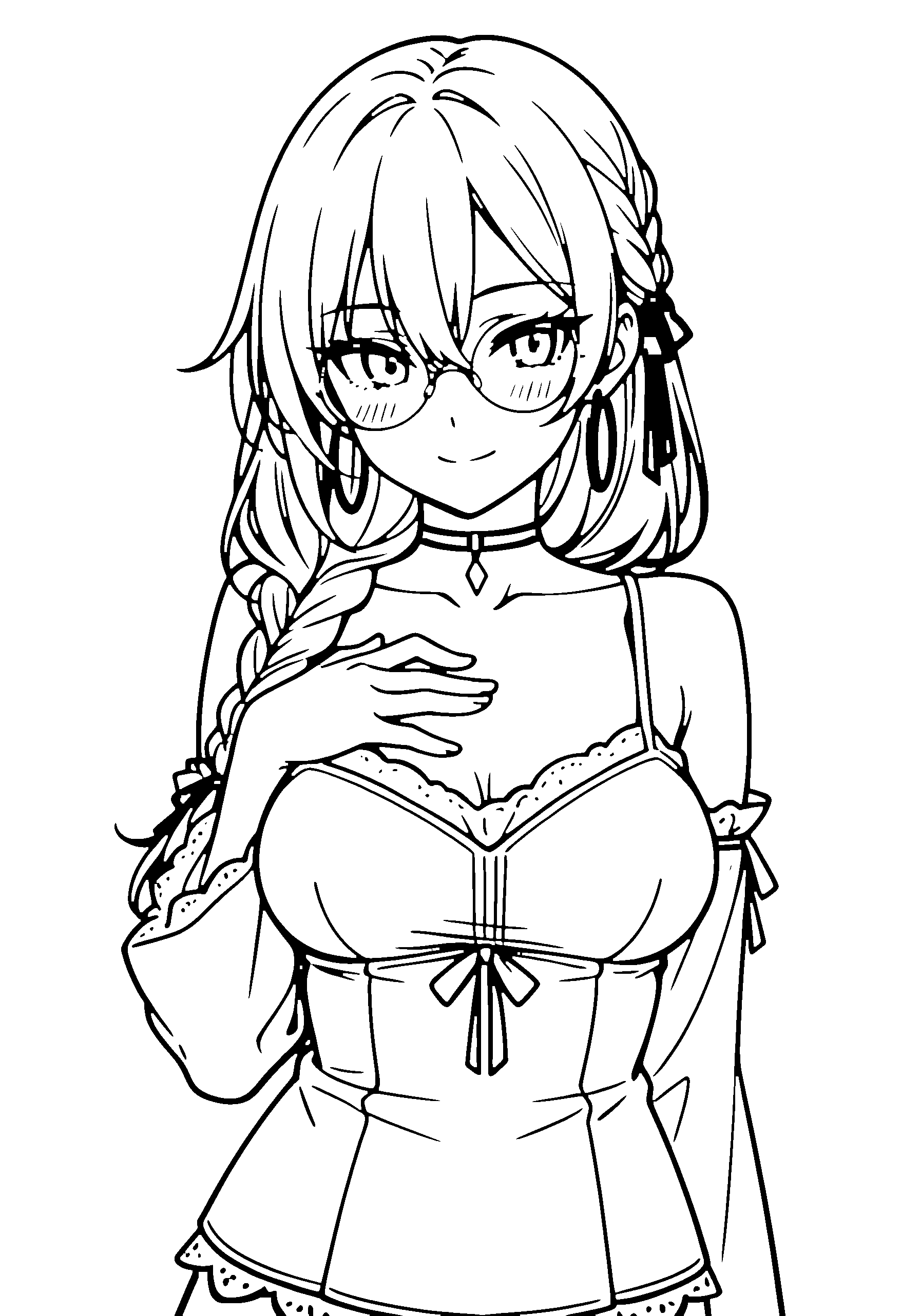 Black and white line art coloring page of an anime girl with long hair, braid, camisole, glasses, choker and smiling