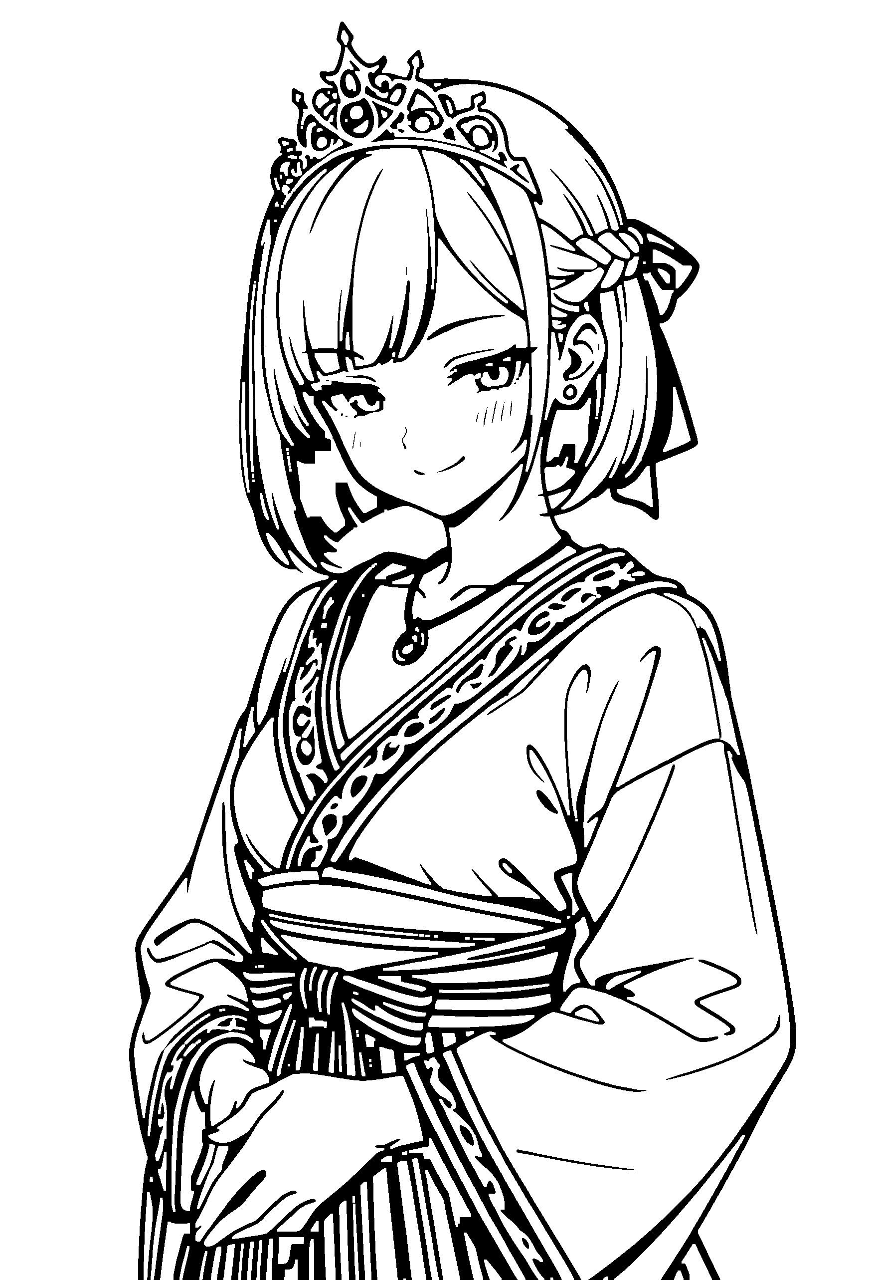 Black and white line art coloring page of an anime girl with bob cut, braid, kimono, tiara, necklace and smiling