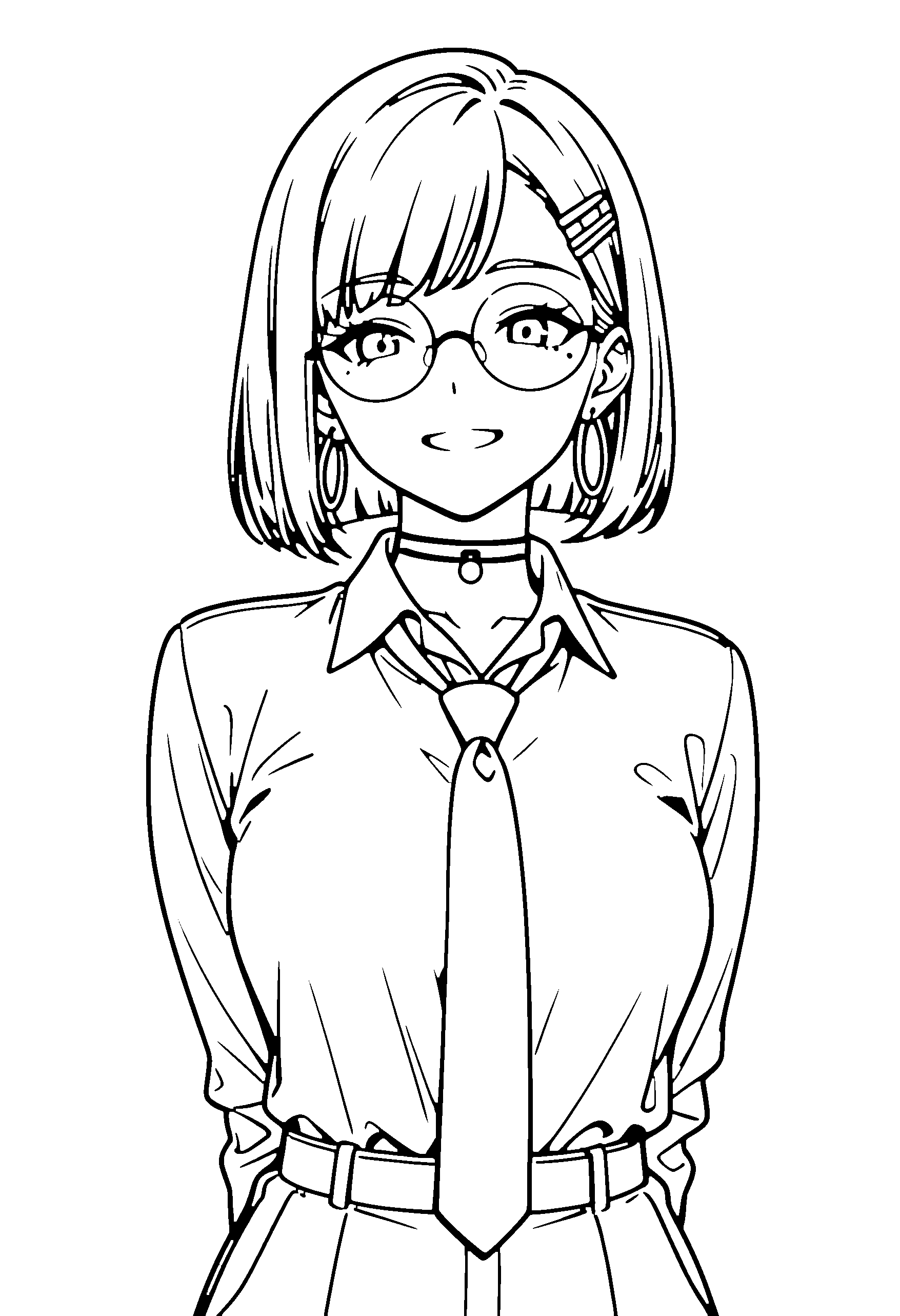 Black and white line art coloring page of an anime girl with bob cut, hair bun, shirt, glasses, choker and grinning