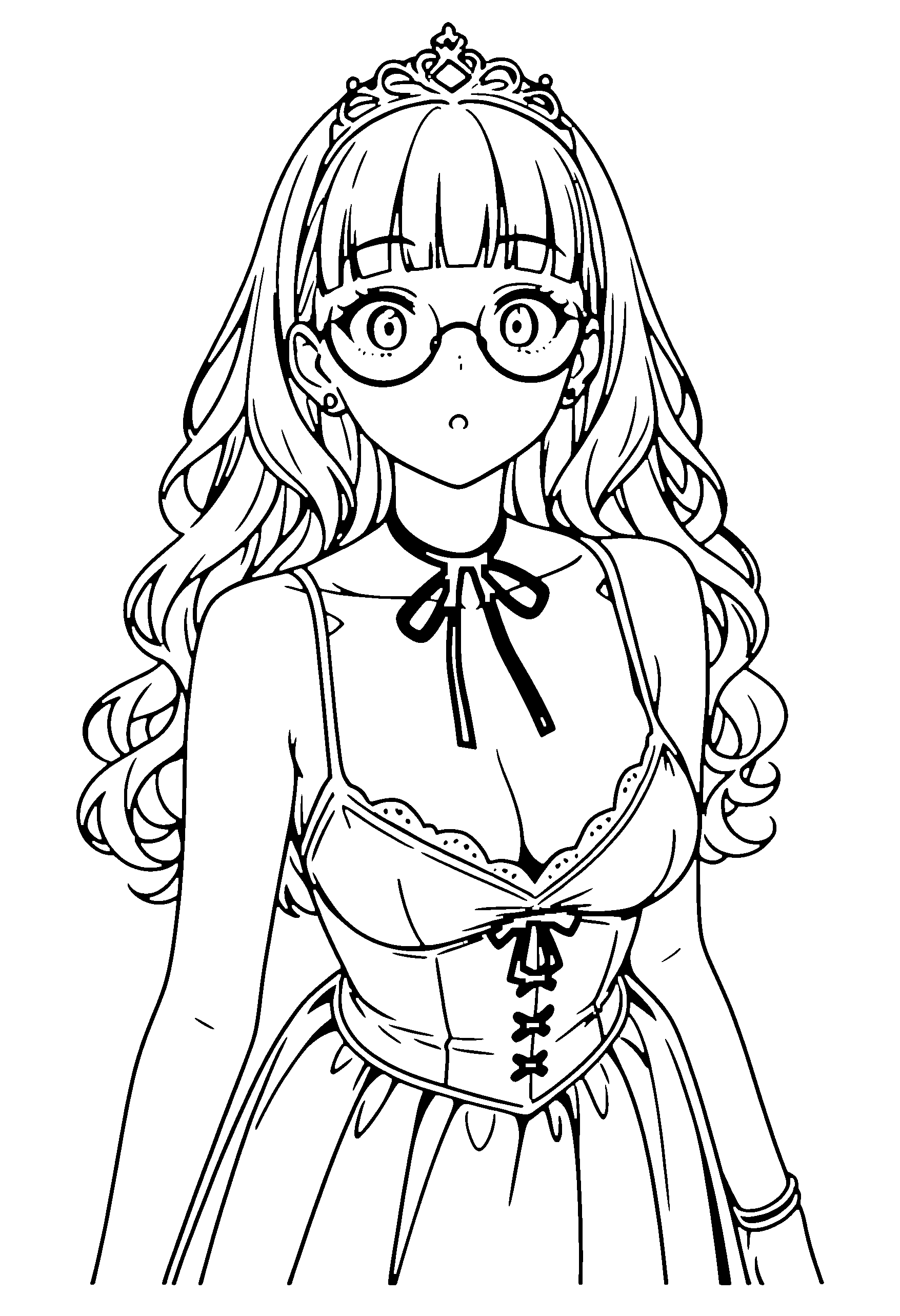 Black and white line art coloring page of an anime girl with long hair, wavy hair, camisole, tiara, glasses, ribbon and surprised