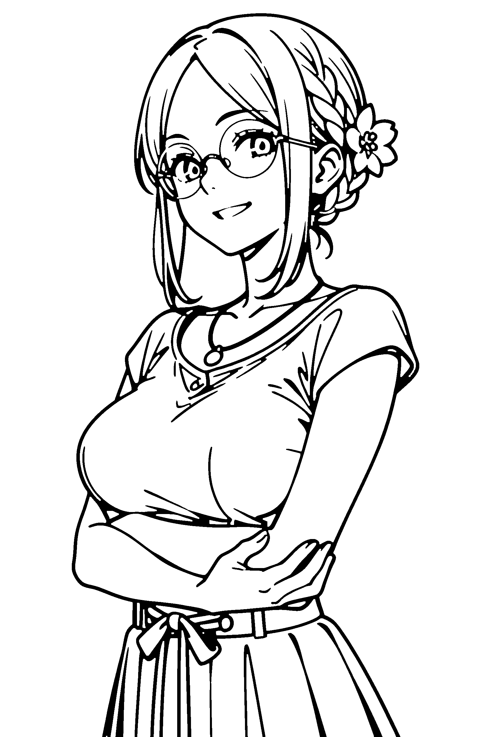 Black and white line art coloring page of an anime girl with medium hair, braid, skirt, hair flower, glasses, necklace and grinning