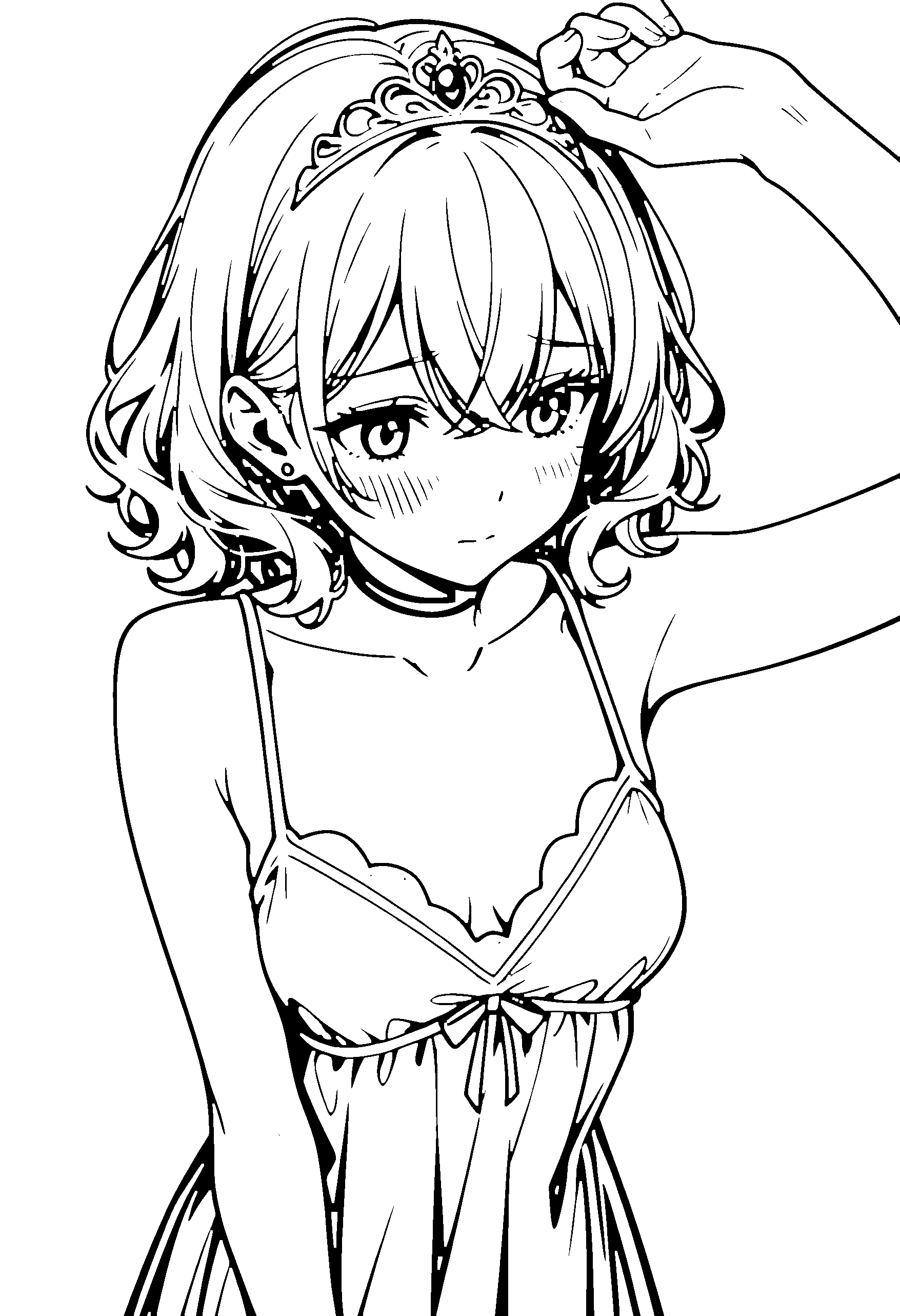 Black and white line art coloring page of an anime girl with medium hair, wavy hair, camisole, tiara, choker and shy