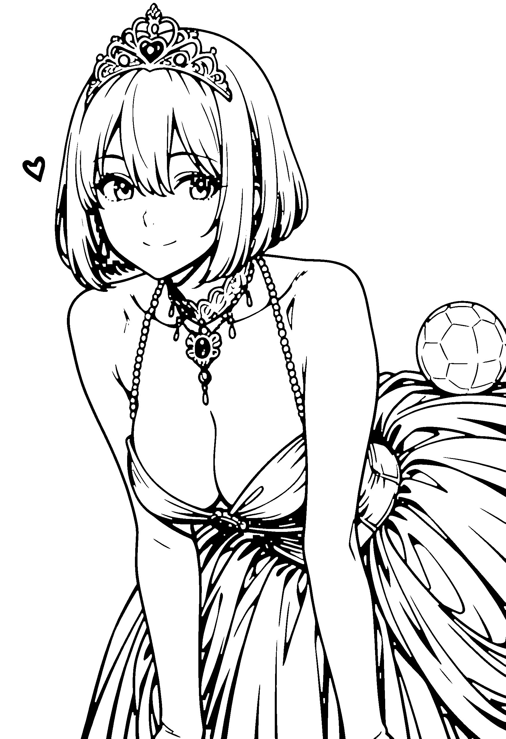 Black and white line art coloring page of an anime girl with princess dress, bob cut, ball gown, tiara, glasses and smiling