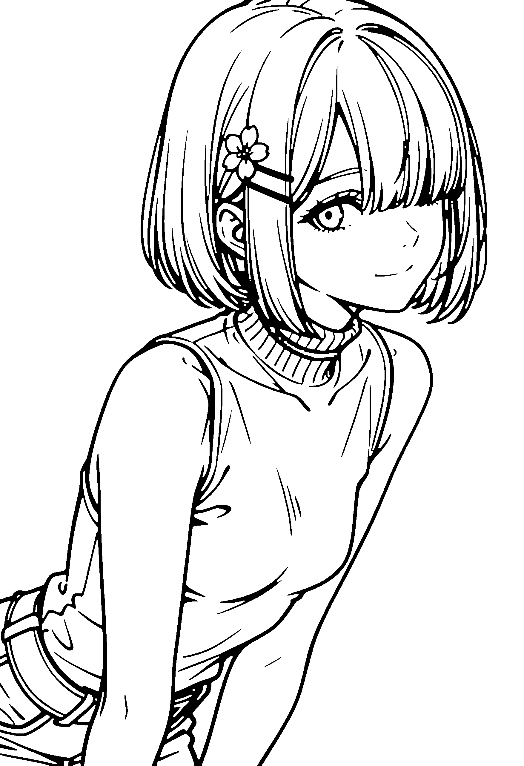 Black and white line art coloring page of an anime girl with bob cut, turtleneck, hair flower, choker and smiling