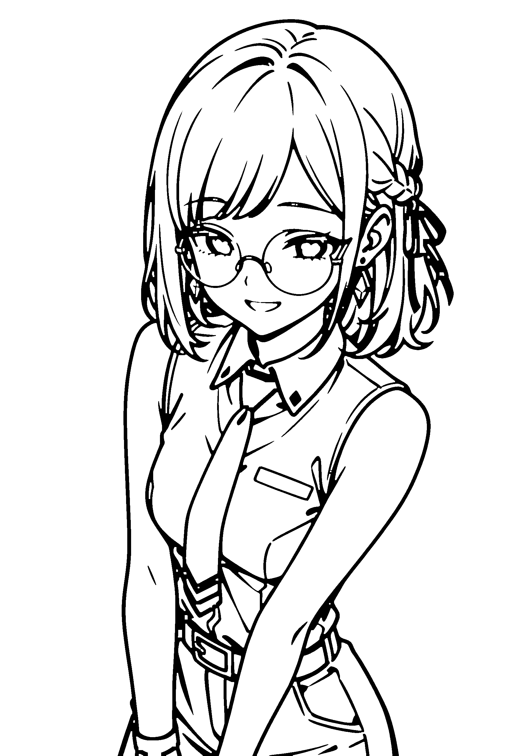 Black and white line art coloring page of an anime girl with medium hair, braid, collared shirt, glasses and smiling