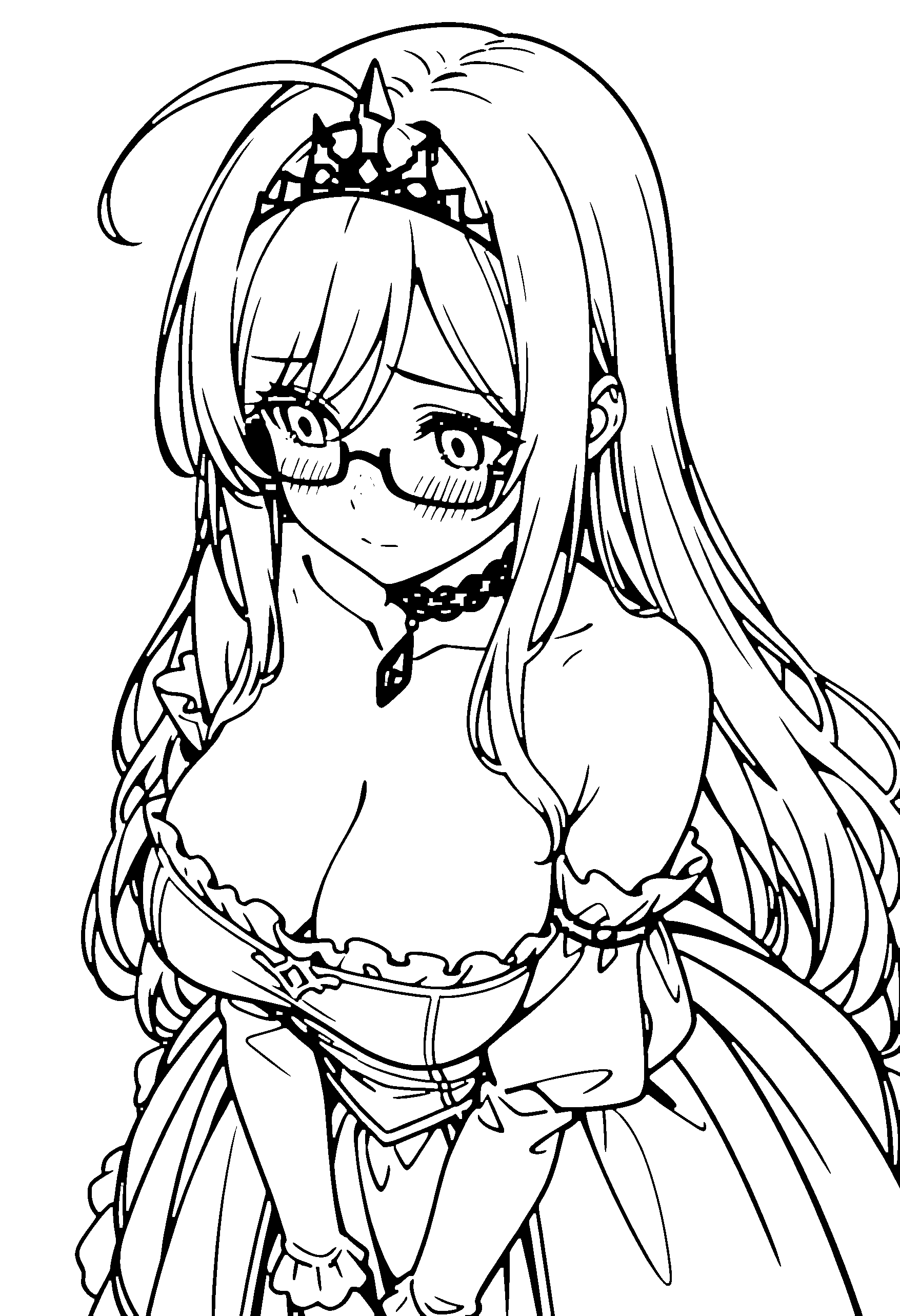 Black and white line art coloring page of an anime girl with princess dress, long hair, dress, tiara, glasses, choker and shy