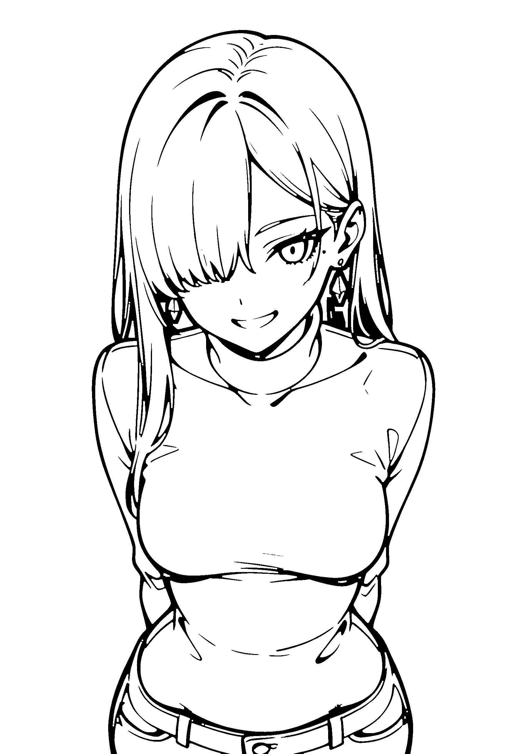 Black and white line art coloring page of an anime girl with long hair, turtleneck and grinning