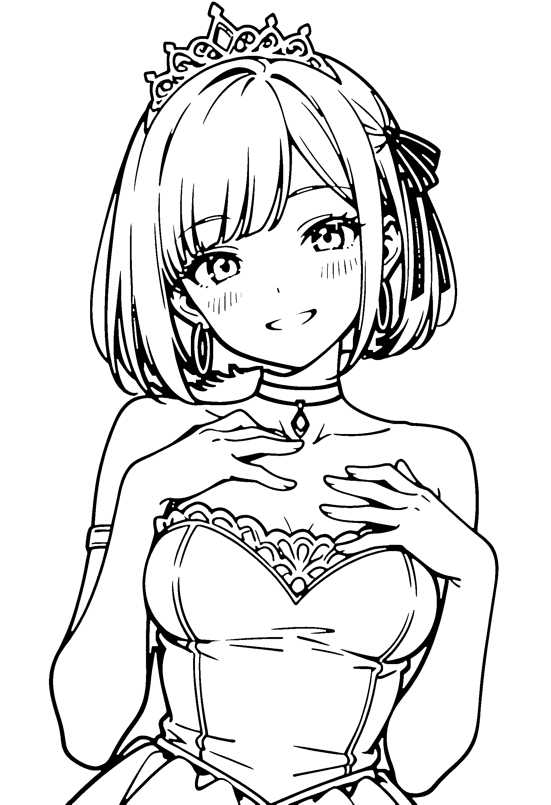 Black and white line art coloring page of an anime girl with princess dress, bob cut, dress, tiara, choker and grinning