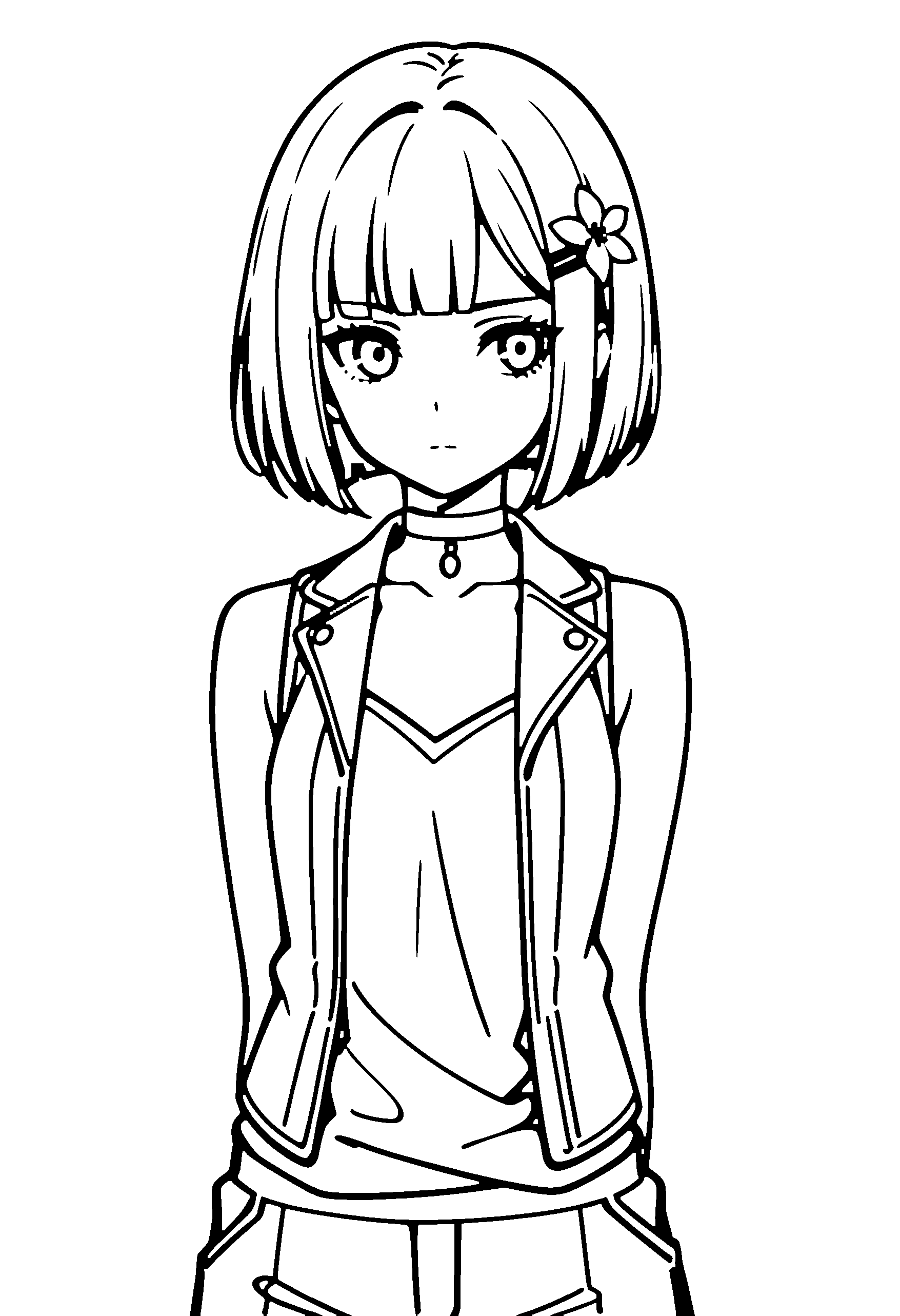 Black and white line art coloring page of an anime girl with bob cut, vest, hair flower, choker and serious