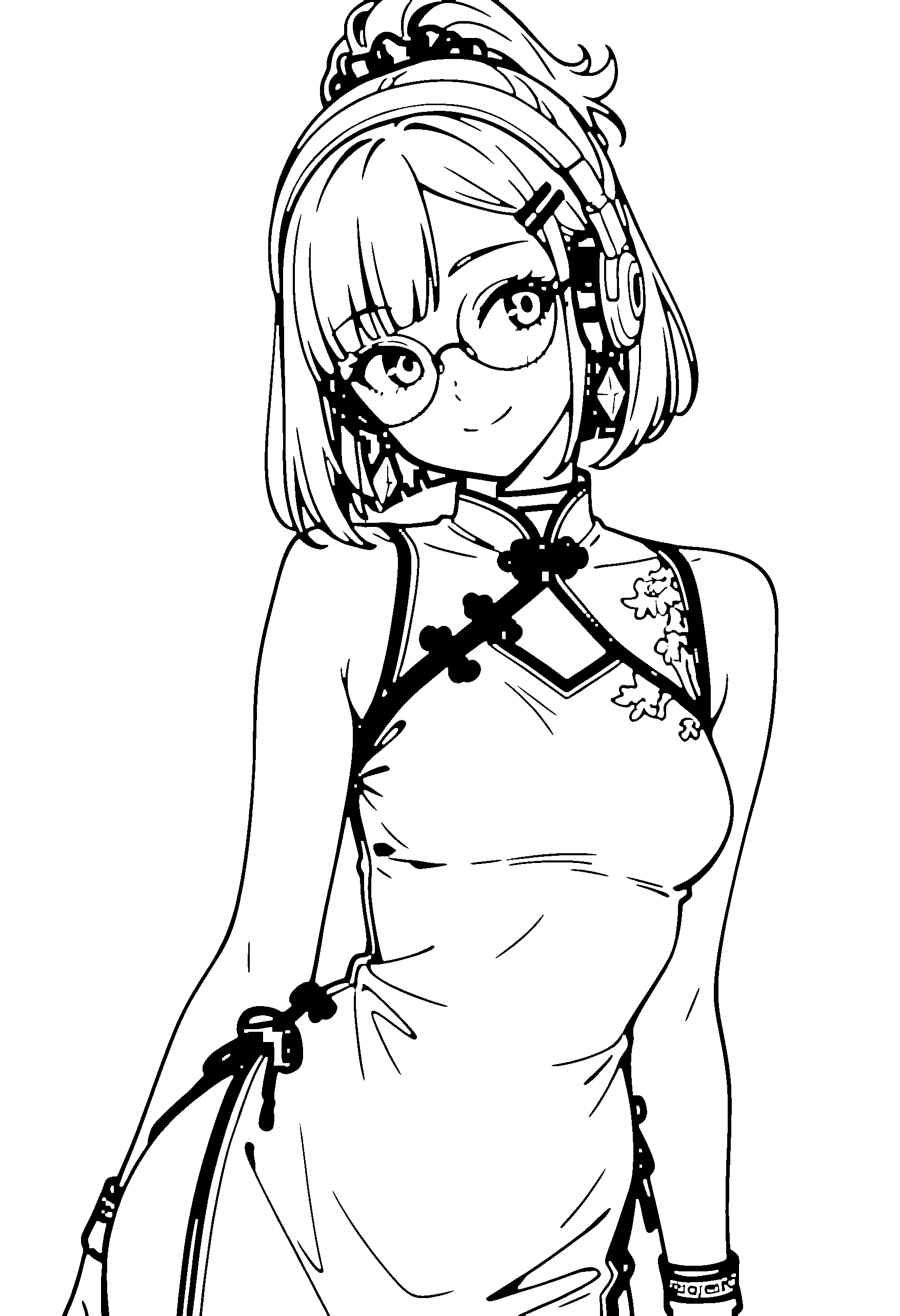 Black and white line art coloring page of an anime girl with bob cut, ponytail, chinese dress, headphones, glasses, choker and smiling