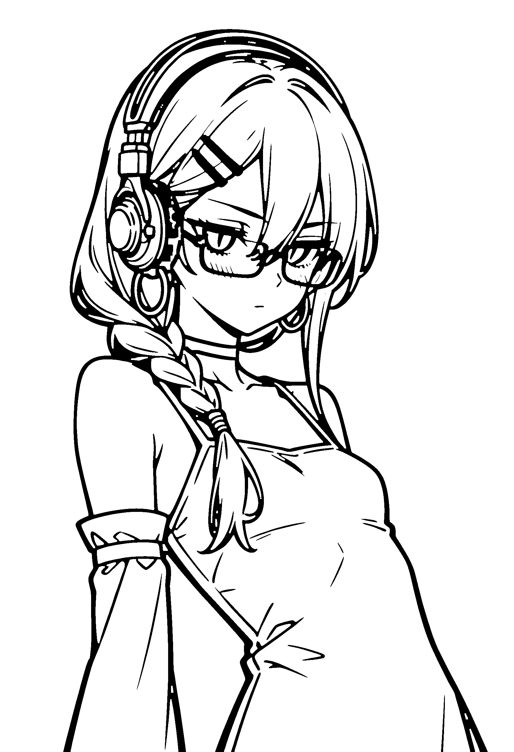 Black and white line art coloring page of an anime girl with long hair, braid, shirt, headphones, glasses, choker and serious