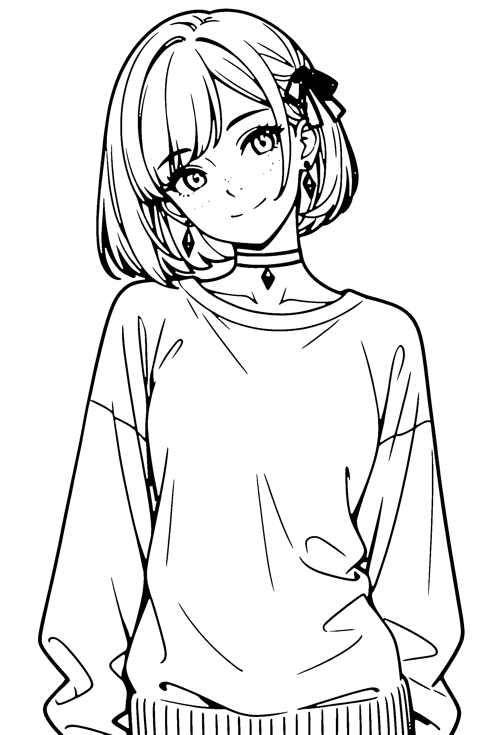 Black and white line art coloring page of an anime girl with bob cut, cardigan, choker and smiling