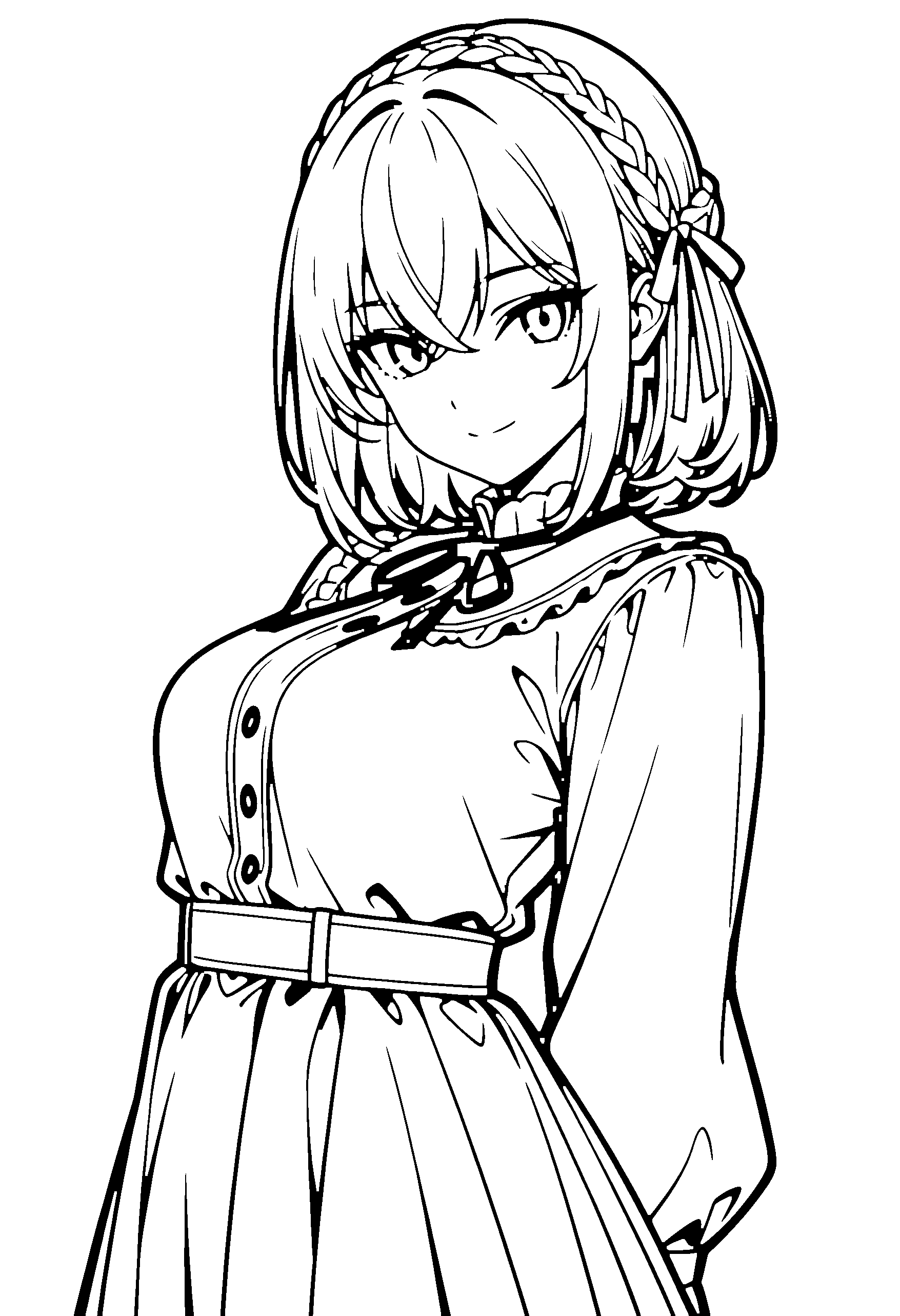Black and white line art coloring page of an anime girl with medium hair, braid, dress, headband, ribbon and smiling