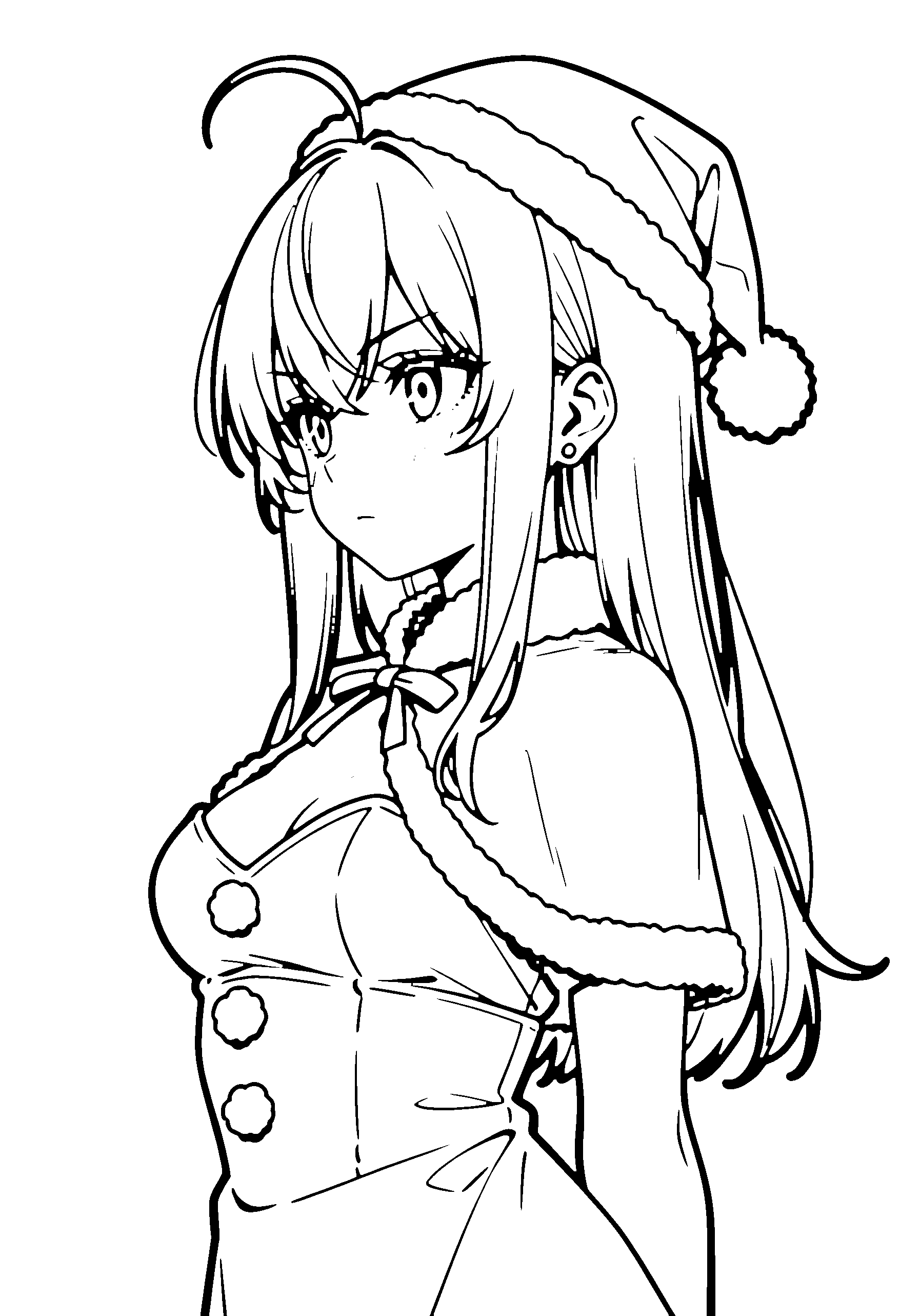 Black and white line art coloring page of an anime girl with santa costume, long hair and serious