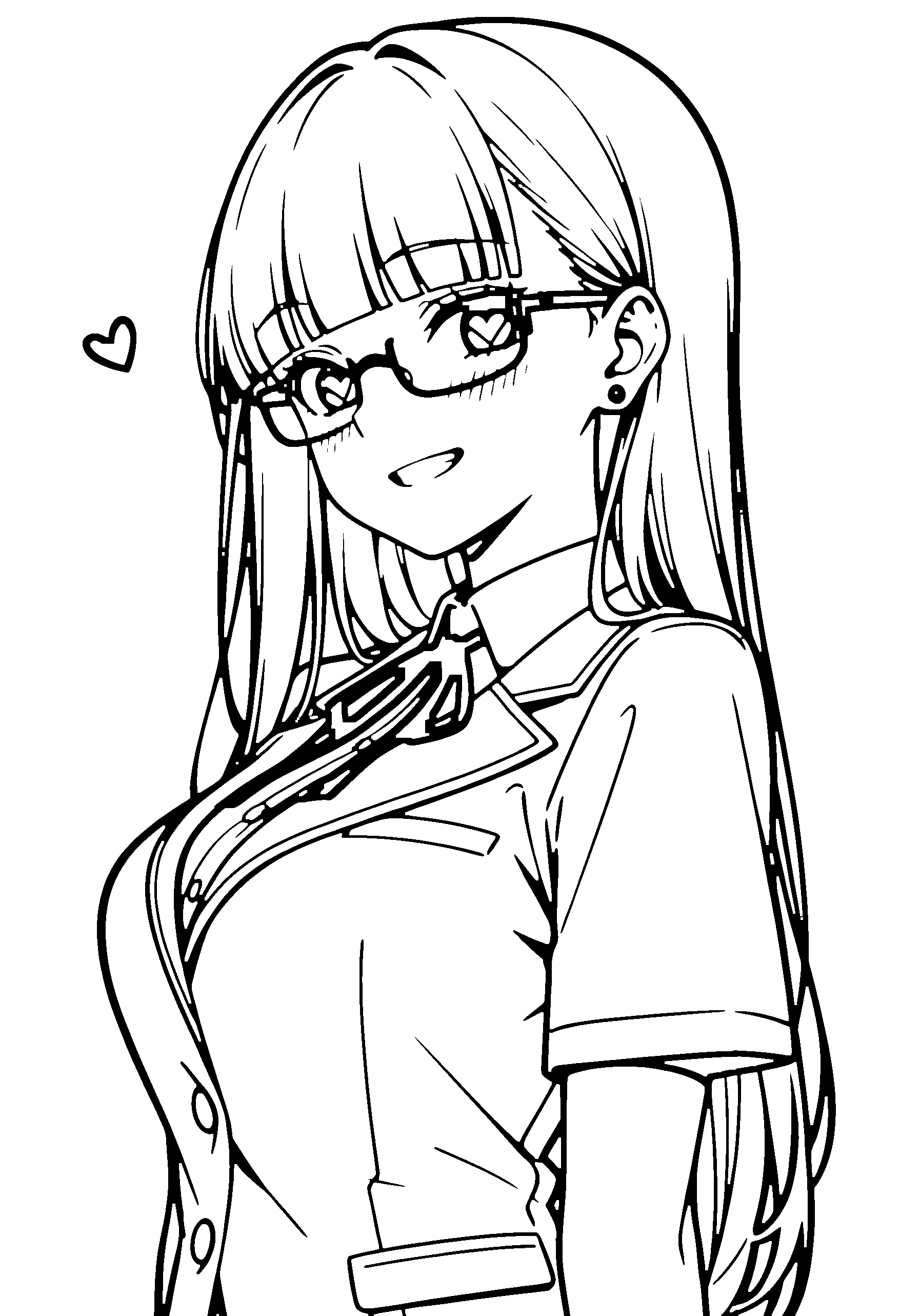 Black and white line art coloring page of an anime girl with long hair, collared shirt, glasses, ribbon and grinning