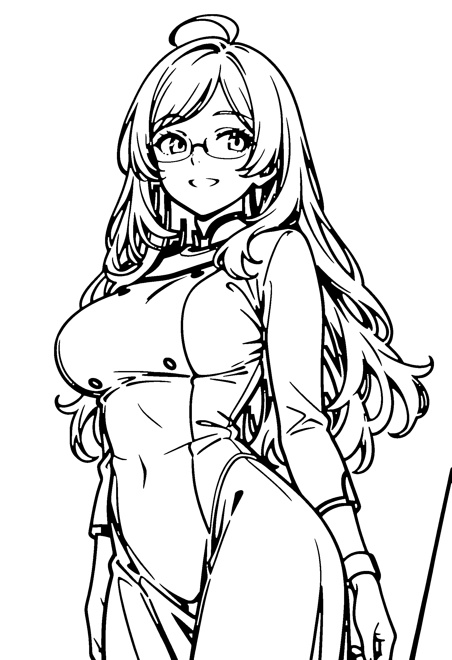 Black and white line art coloring page of an anime girl with long hair, dress, glasses and grinning