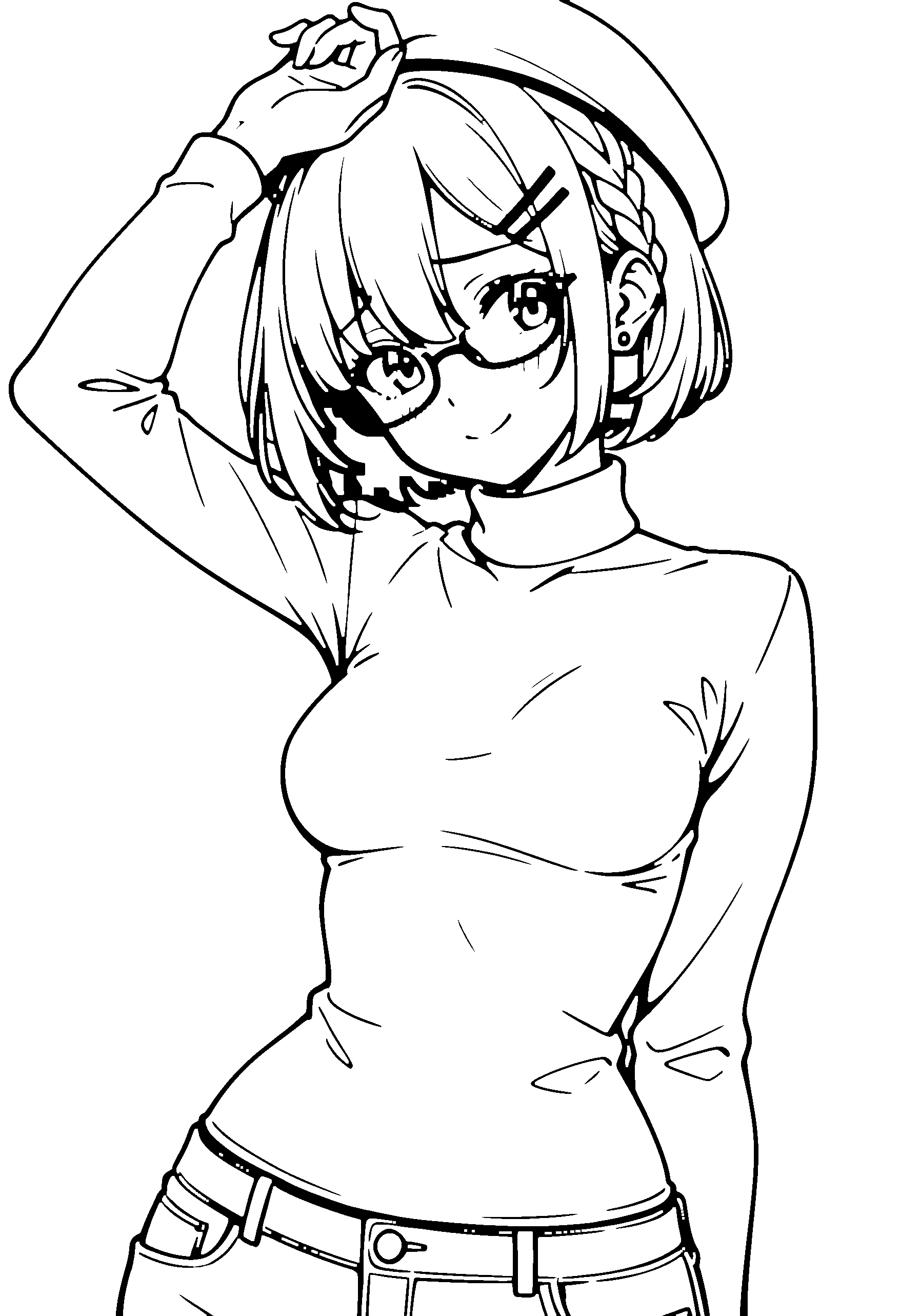 Black and white line art coloring page of an anime girl with bob cut, braid, turtleneck, beret, glasses and shy