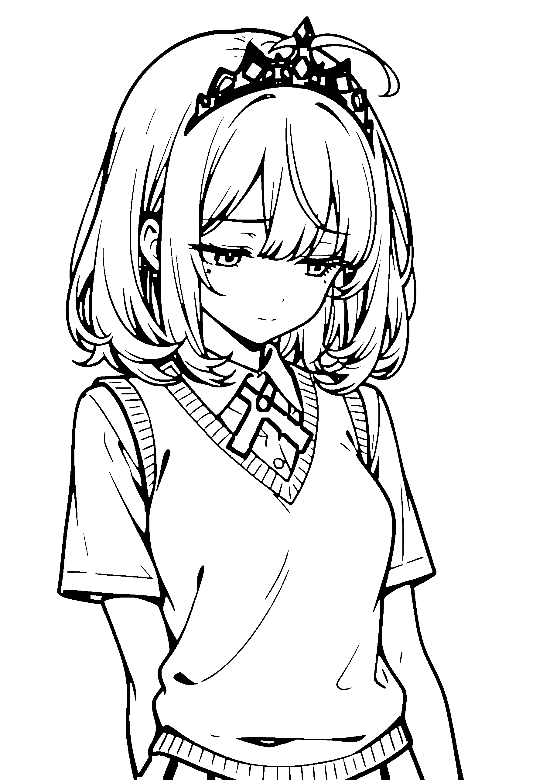 Black and white line art coloring page of an anime girl with medium hair, sweater vest, tiara and shy