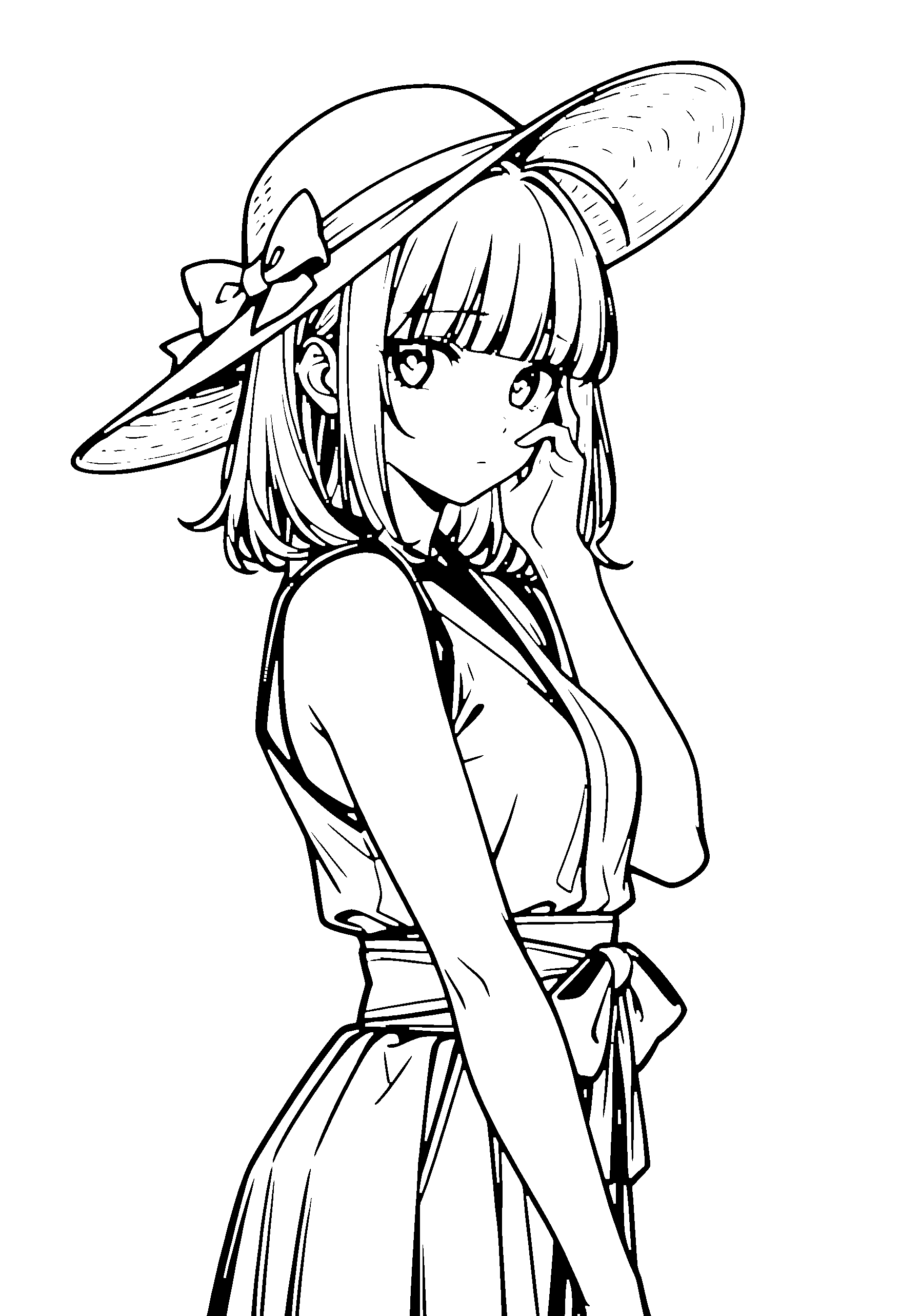 Black and white line art coloring page of an anime girl with medium hair, kimono, sun hat and shy