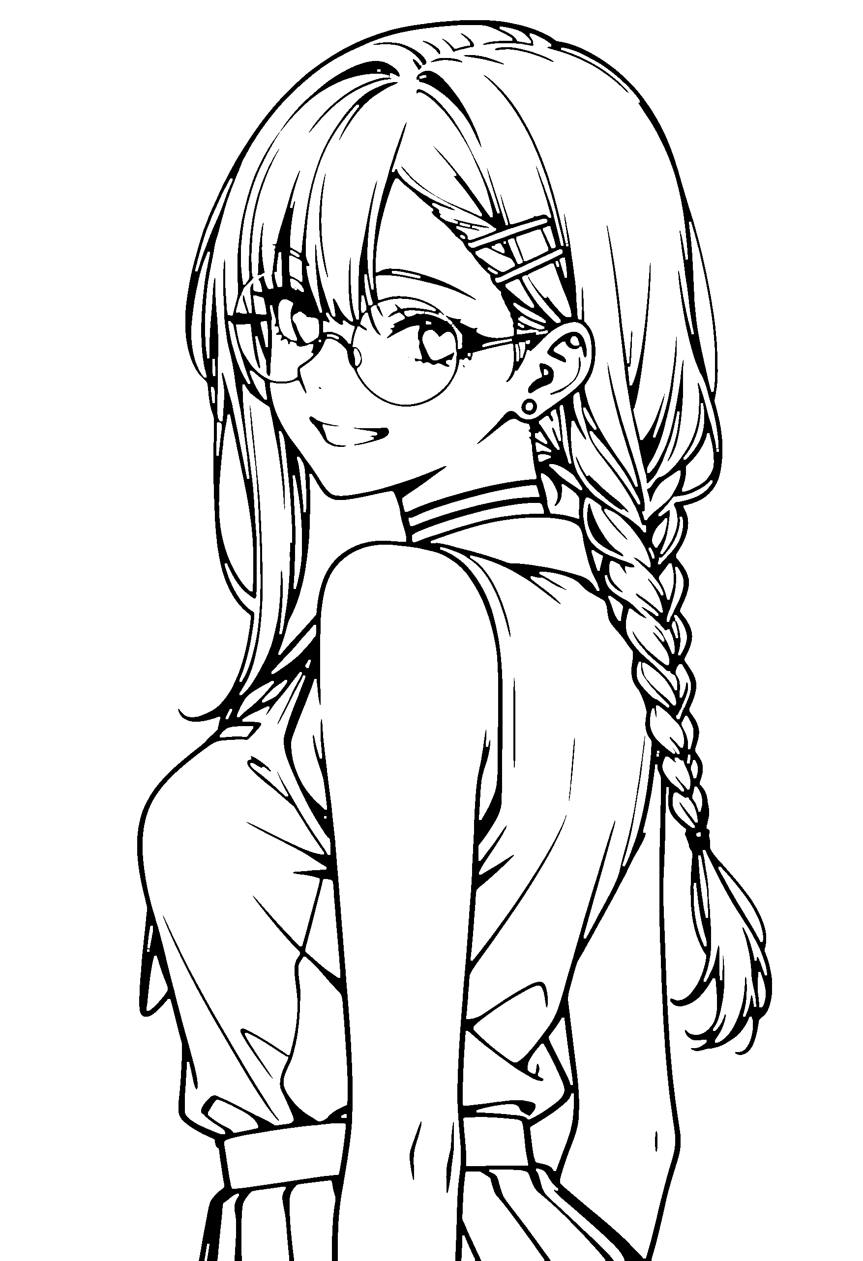 Black and white line art coloring page of an anime girl with long hair, braid, school uniform, glasses, choker and grinning