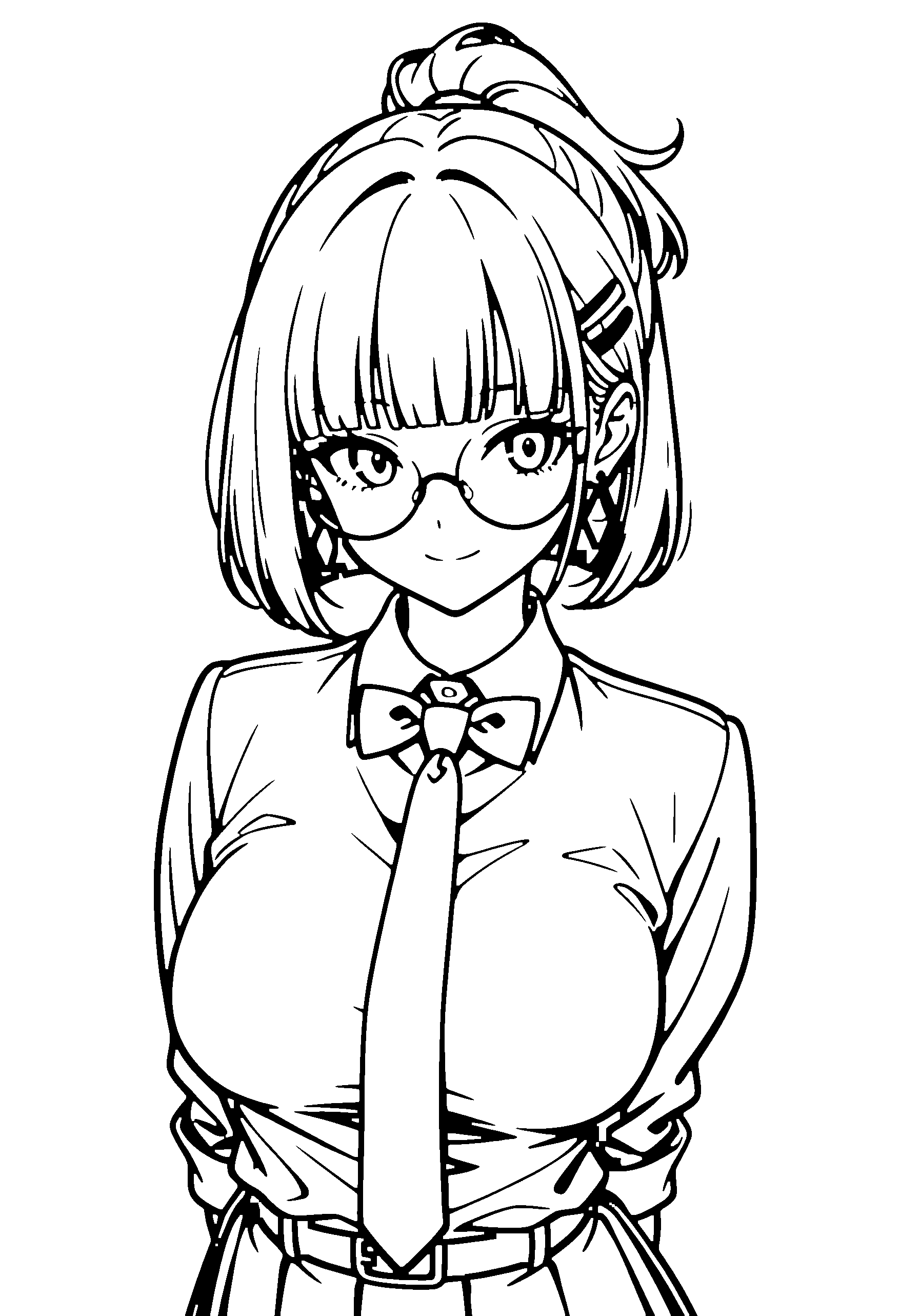 Black and white line art coloring page of an anime girl with bob cut, ponytail, shirt, glasses, bow tie and smiling