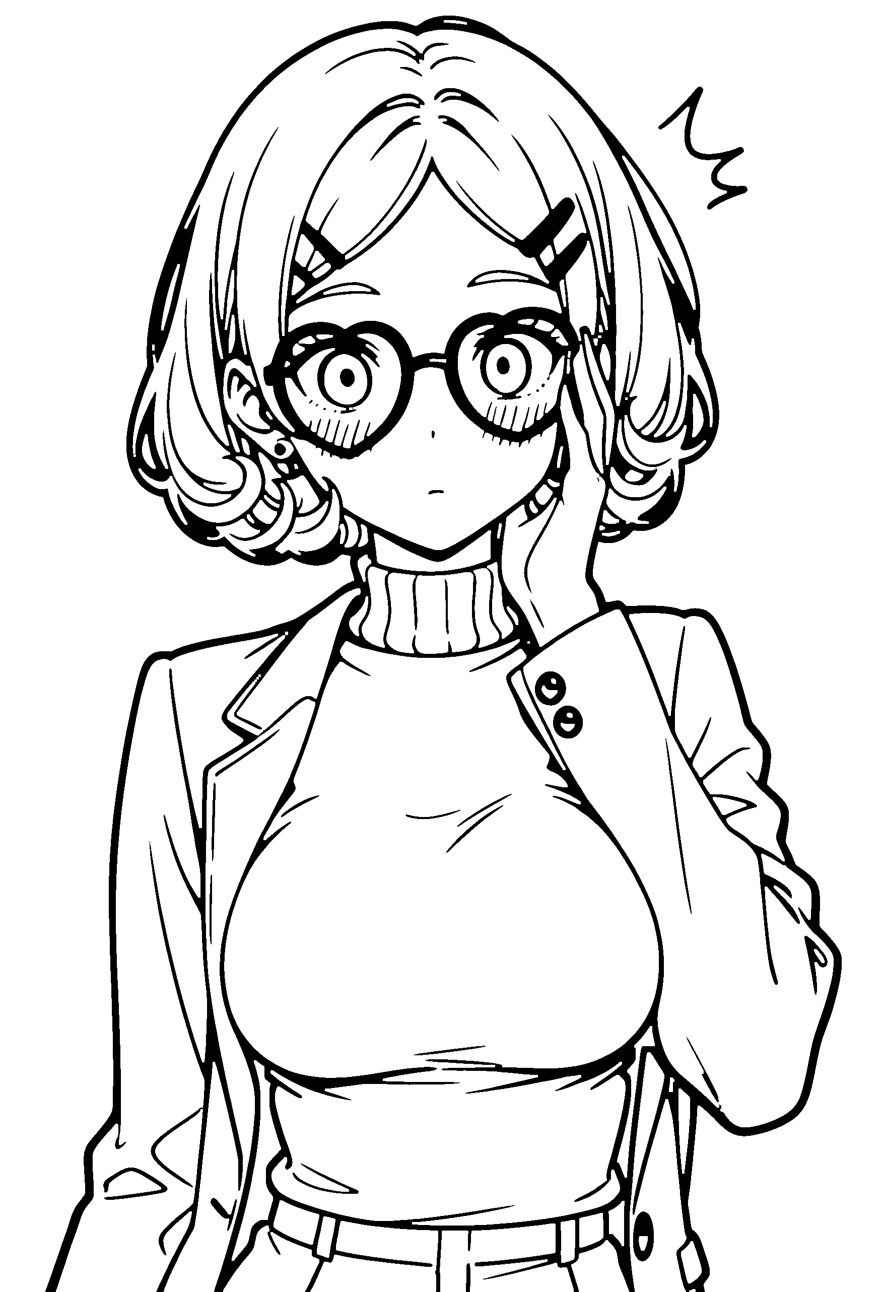 Black and white line art coloring page of an anime girl with bob cut, curly hair, jacket, glasses, choker and surprised